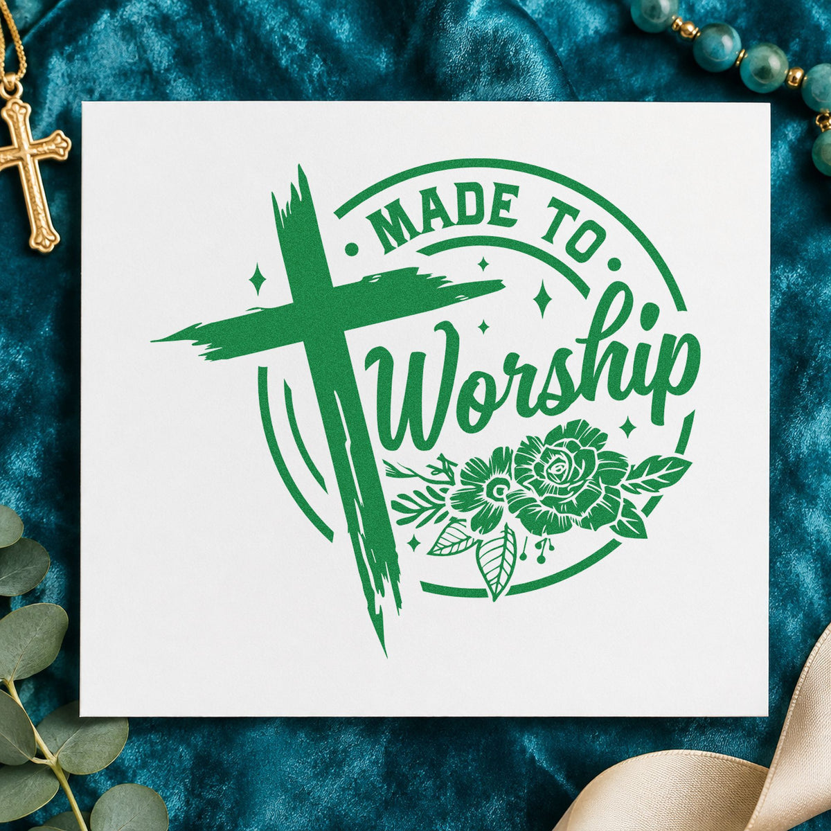 Made to Worship Roses craft stamp imprint in green ink on a handmade project, one idea being setlist page corners.