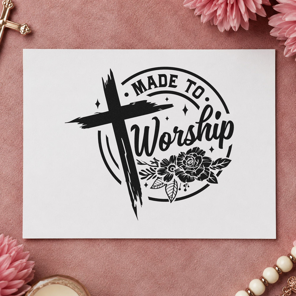 Made to Worship Roses rubber stamp printed in black ink, ready for made to worship cards and similar paper crafts.
