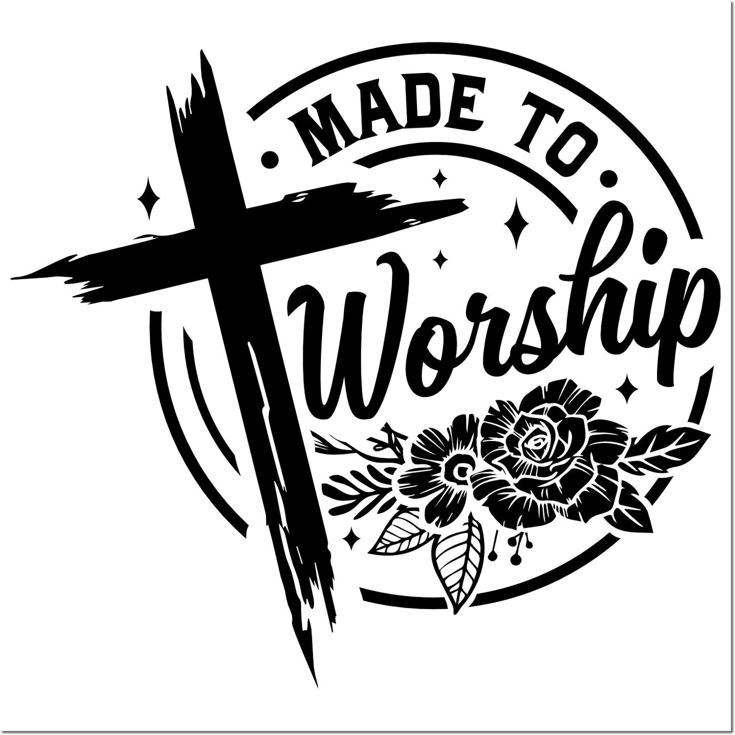 Made to Worship rubber stamp design with cross and floral accents for Christian crafts, church projects, and Bible journaling.
