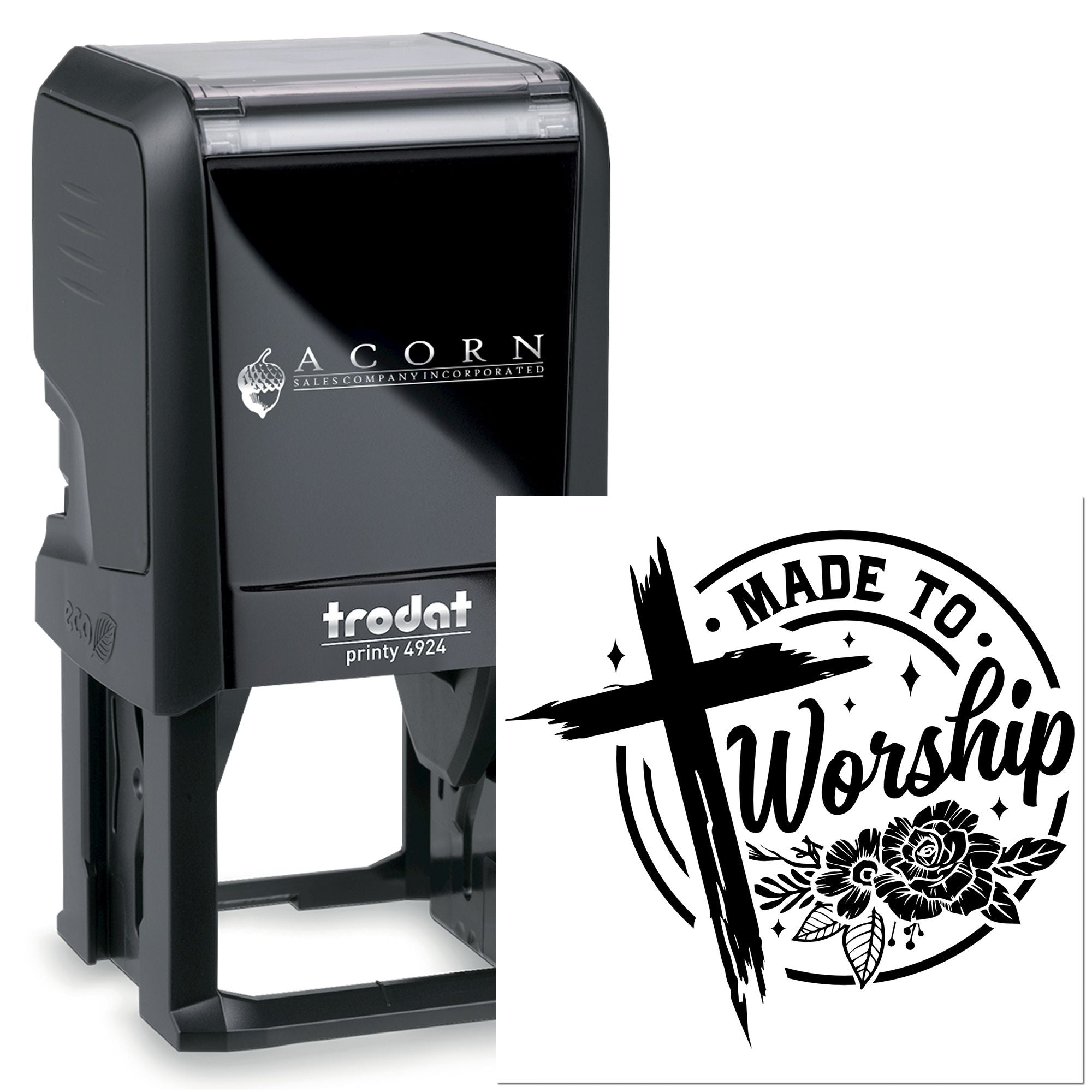 Custom self-inking rubber stamp with Trodat Printy 4924 and church Made to Worship design for branded logo impressions.