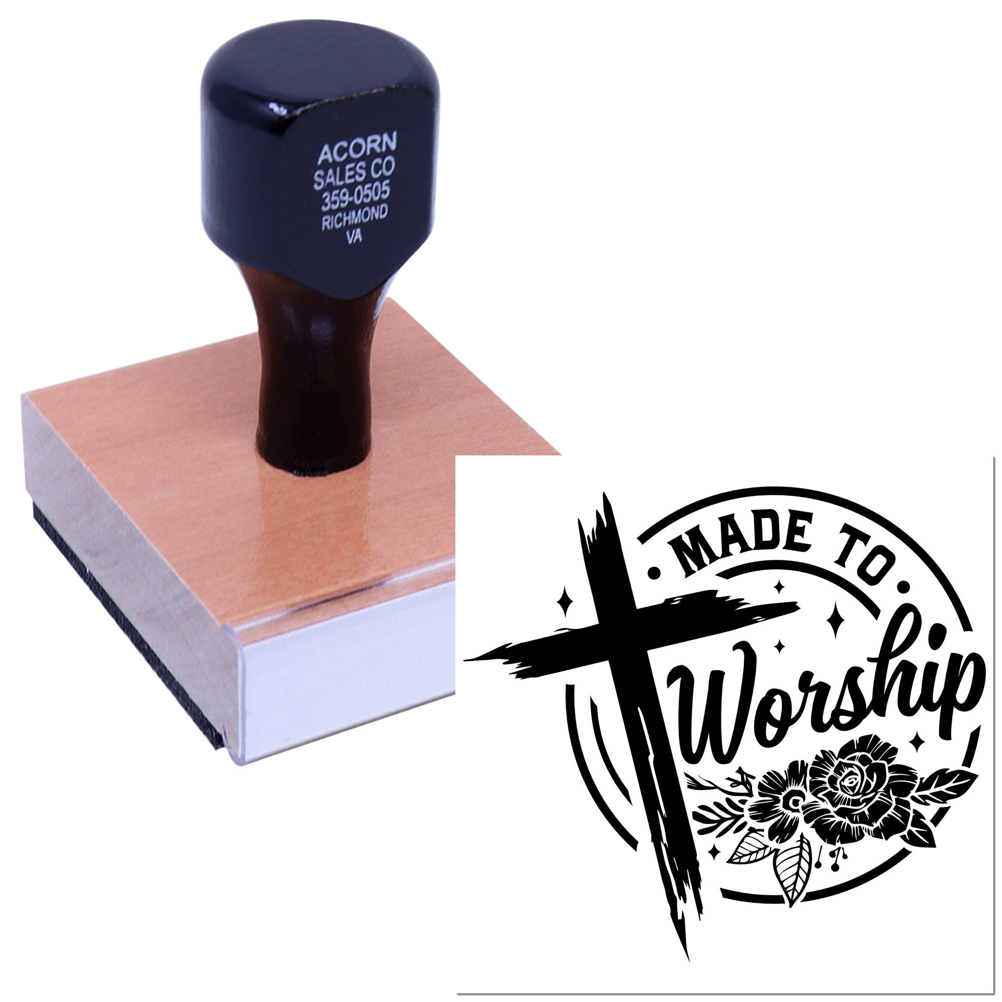 Custom rubber stamp featuring a Made to Worship logo for Christian branding, crafts, and packaging.
