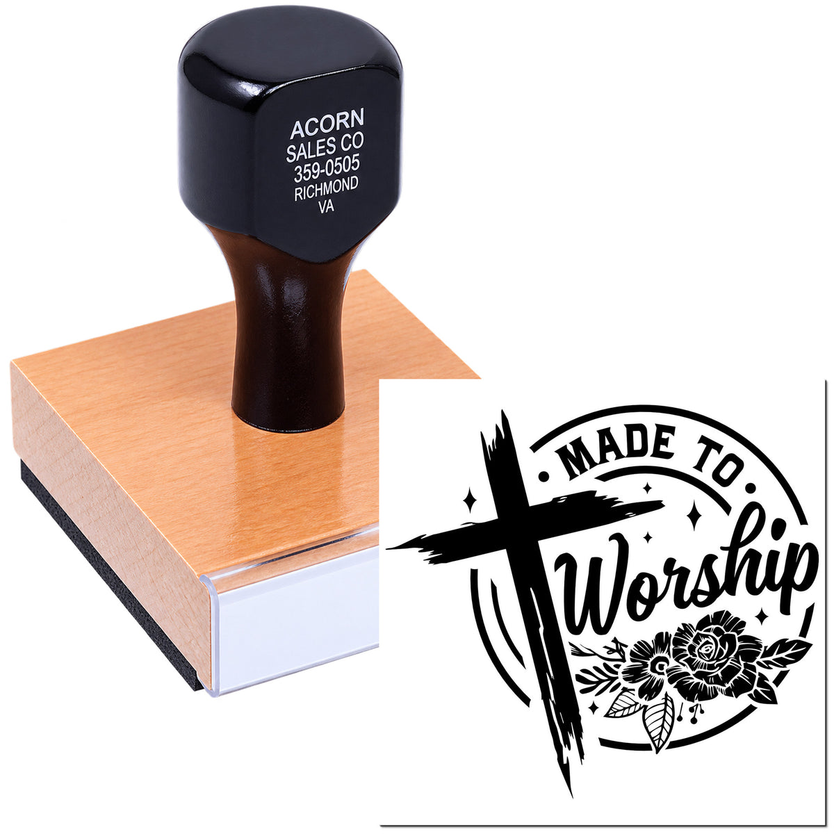 Custom rubber stamp featuring a Made to Worship logo for Christian branding, crafts, and packaging.