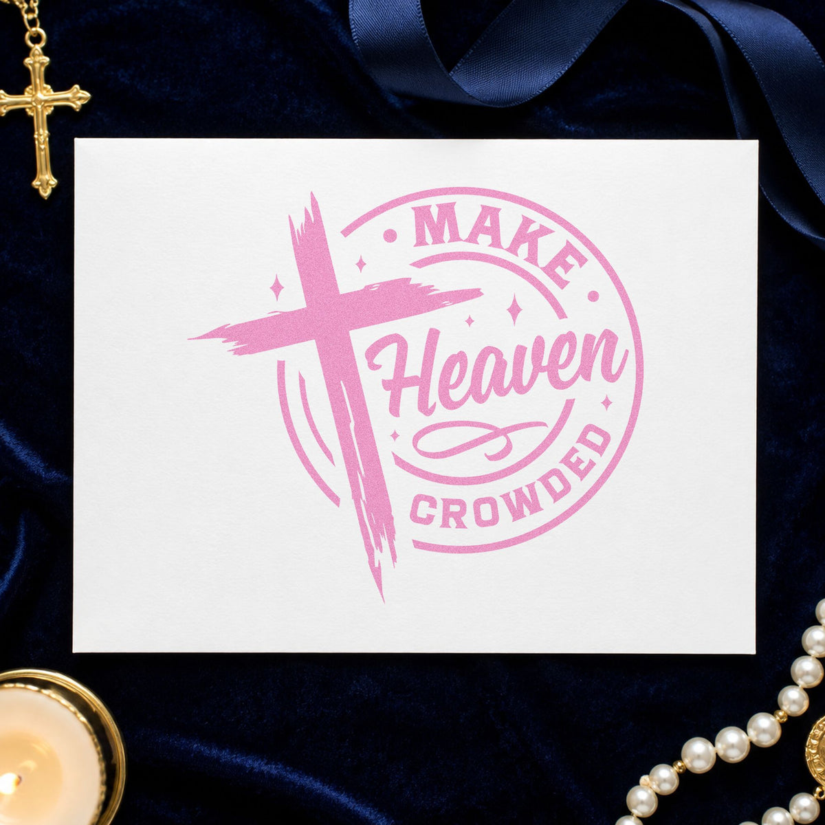 Make Heaven Crowded Badge craft stamp in purple ink on cardstock, an easy option for invite envelope seals.