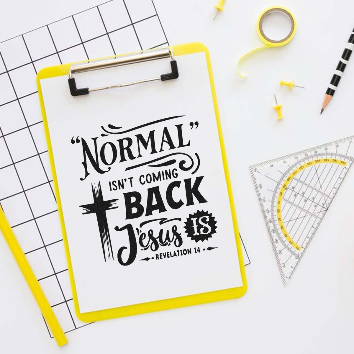 Vintage Pro Normal Isn't Coming Back, Jesus Is Premium Wooden Stamp imprint stamped in black ink. A brushstroke cross accompanies "Normal isn't coming back, Jesus is," with Revelation 14.