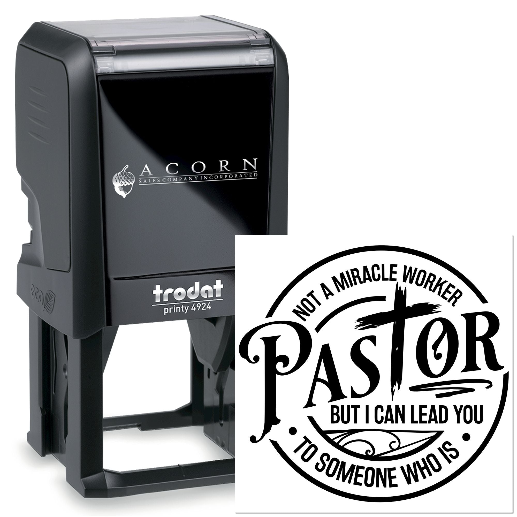 Custom self-inking rubber stamp for pastors with Not a miracle worker, Pastor inspirational church imprint.