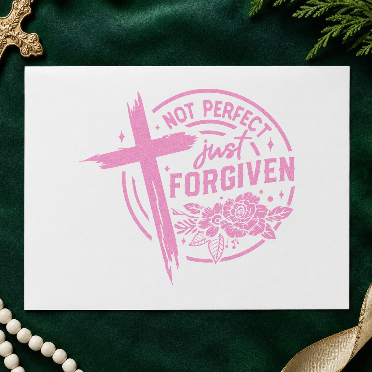 Not Perfect Forgiven Roses craft stamp in purple ink on cardstock, an easy option for baptism class tags.