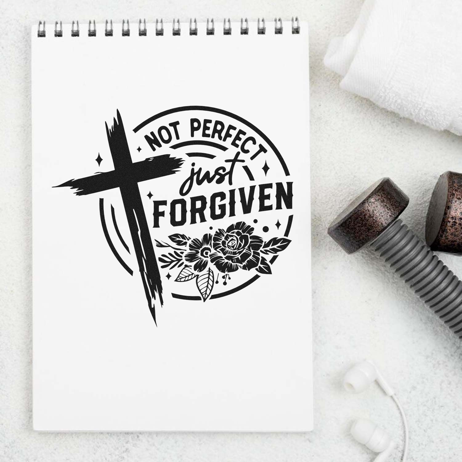 Christian rubber stamp design with Not Perfect, Just Forgiven text, cross, and floral motif for faith journaling.