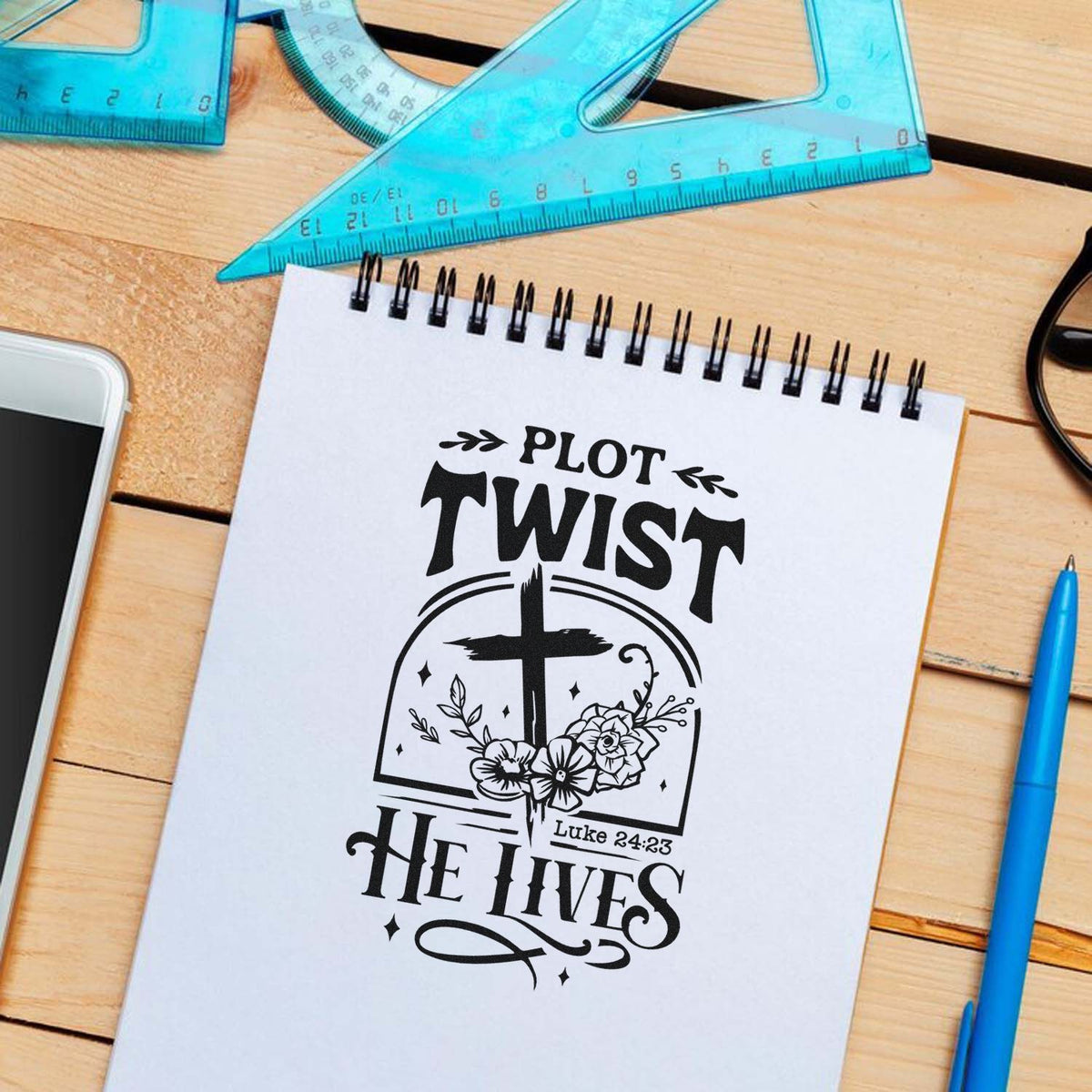 Plot Twist He Lives With Cross Stamp - Premium Vintage Pro Wooden imprint stamped in black ink. A floral cross sits in an arch between "Plot twist" and "He lives," with Luke 24:23.
