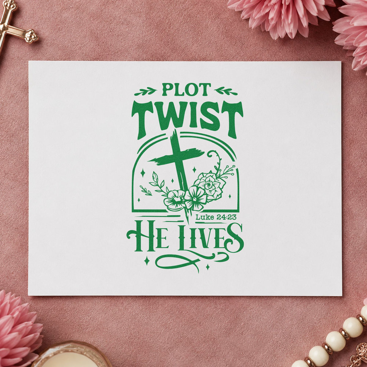 Plot Twist He Lives craft stamp imprint in green ink on a handmade project, one idea being book launch pages.