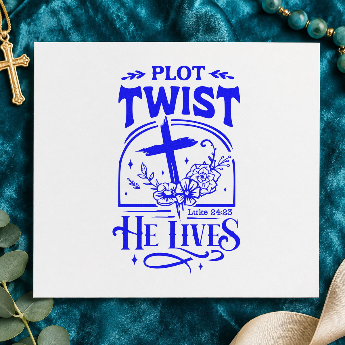 Plot Twist He Lives craft stamp in blue ink on cardstock, an easy option for drama team tees.
