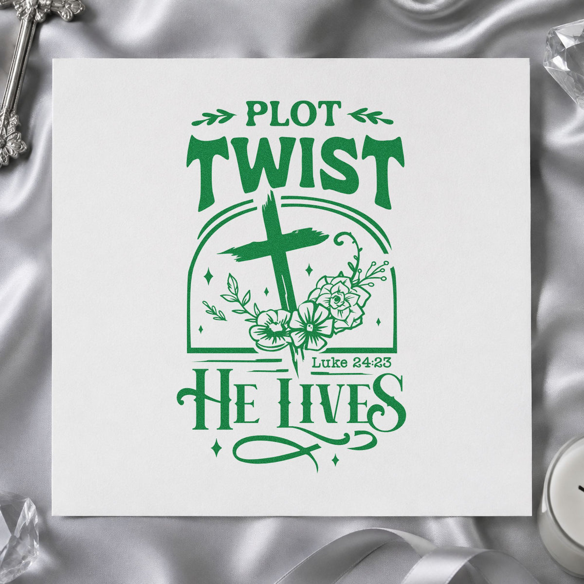 Plot Twist He Lives craft stamp imprint in green ink on a handmade project, one idea being framed arch art.