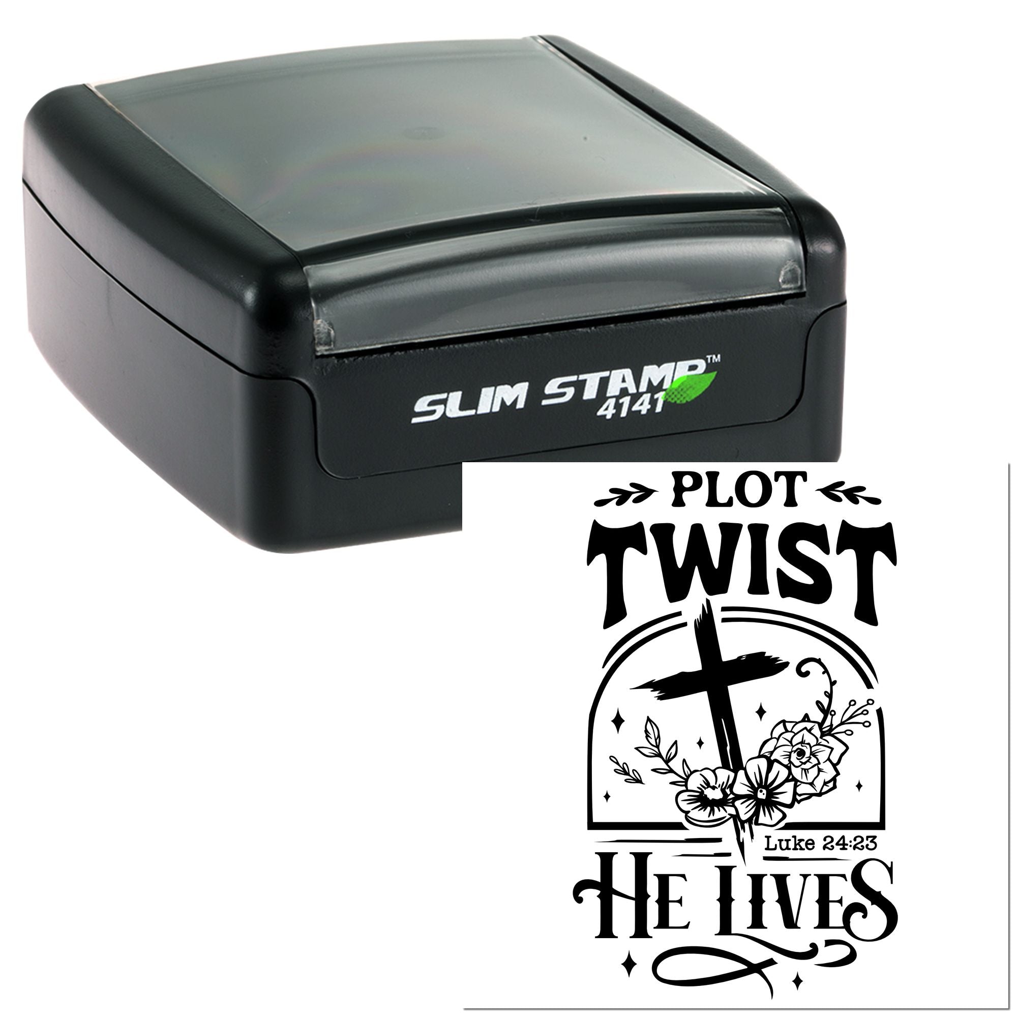 Slim self-inking rubber stamp featuring Plot Twist He Lives Christian design with cross, flowers, and Luke 24:23 scripture.