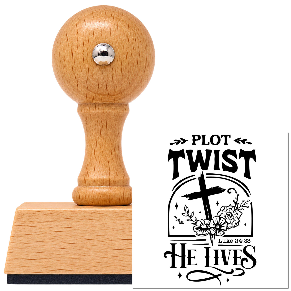 Plot Twist He Lives With Cross Vintage Pro rubber stamp in European beech wood with a round knob handle, shown beside its black imprint.