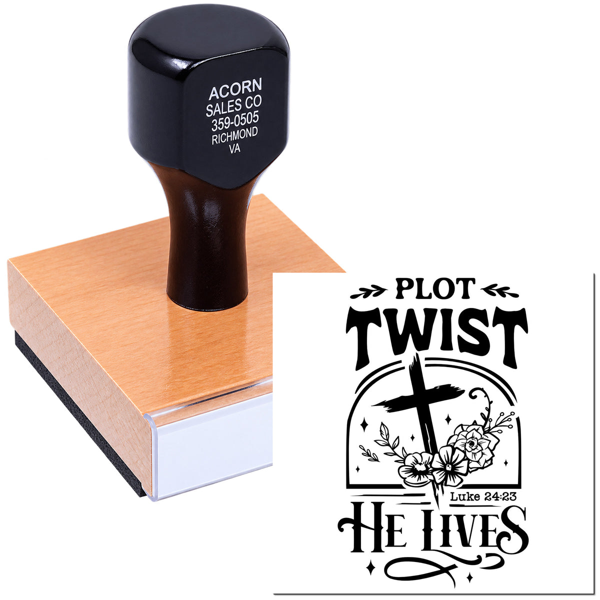 Custom wooden handle rubber stamp with "Plot Twist He Lives" Christian imprint for Bible journaling, crafts, and worship gifts.