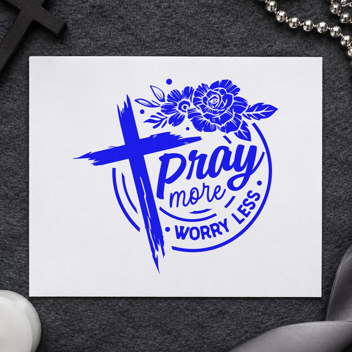 Pray More Worry Less Roses Brushstroke Cross Hand Stamp – Duo in use 5