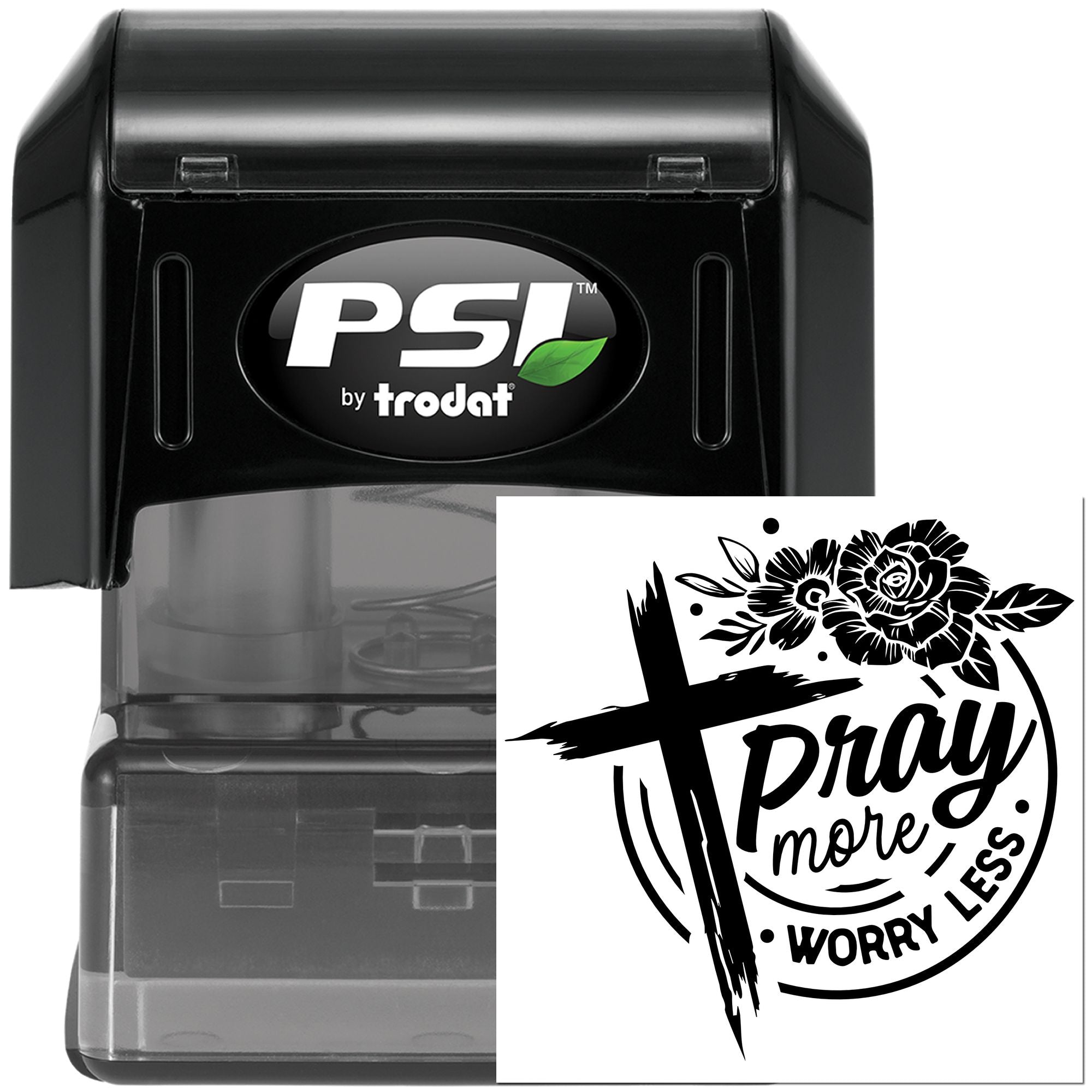 Christian self-inking rubber stamp by PSI Trodat with floral cross and Pray more, worry less message.