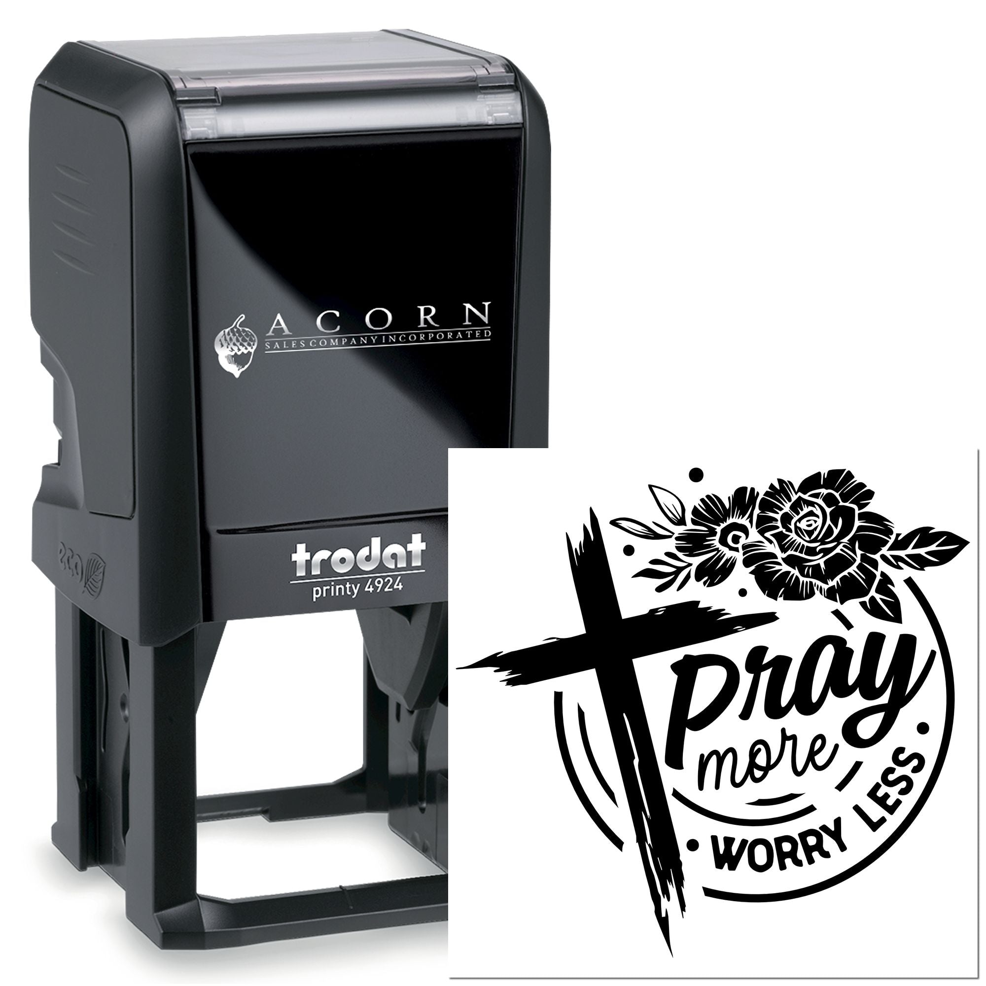 Trodat Printy self-inking rubber stamp with floral cross design and Pray more, worry less Christian message.