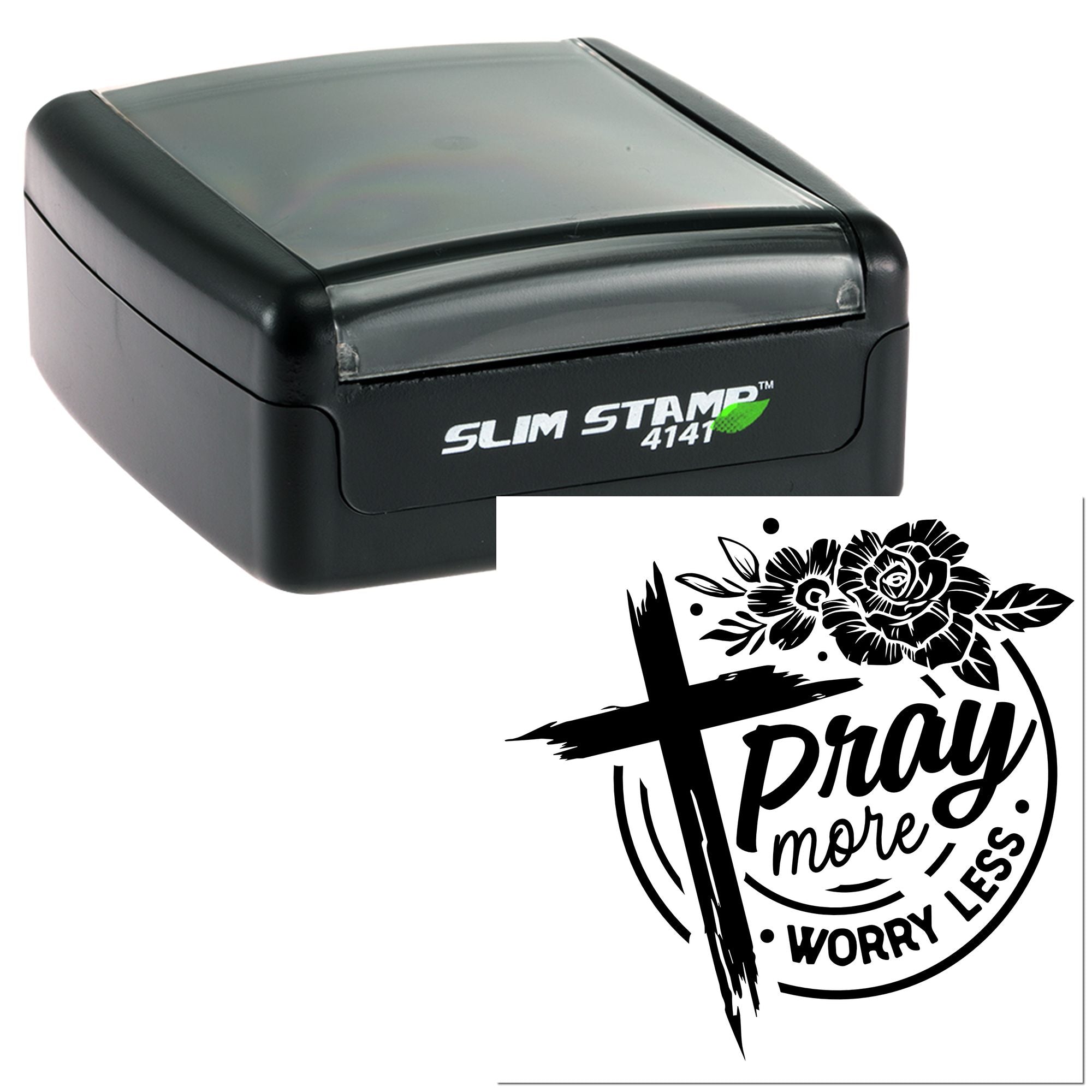 Slim self-inking rubber stamp with Pray more worry less floral cross design for faith-based crafts and gifts