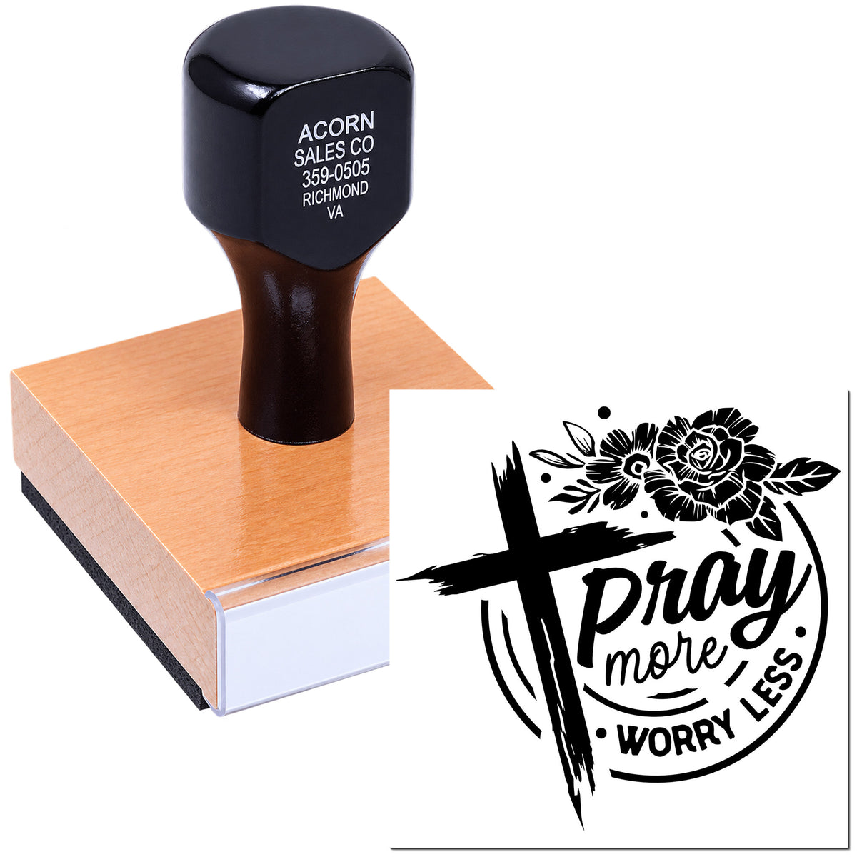 Custom rubber stamp for faith-based crafts featuring a floral cross and Pray More, Worry Less design.