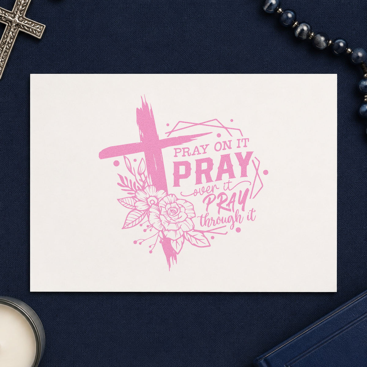 Pray on It Floral Frame craft stamp in purple ink on cardstock, an easy option for prayer journal tags.