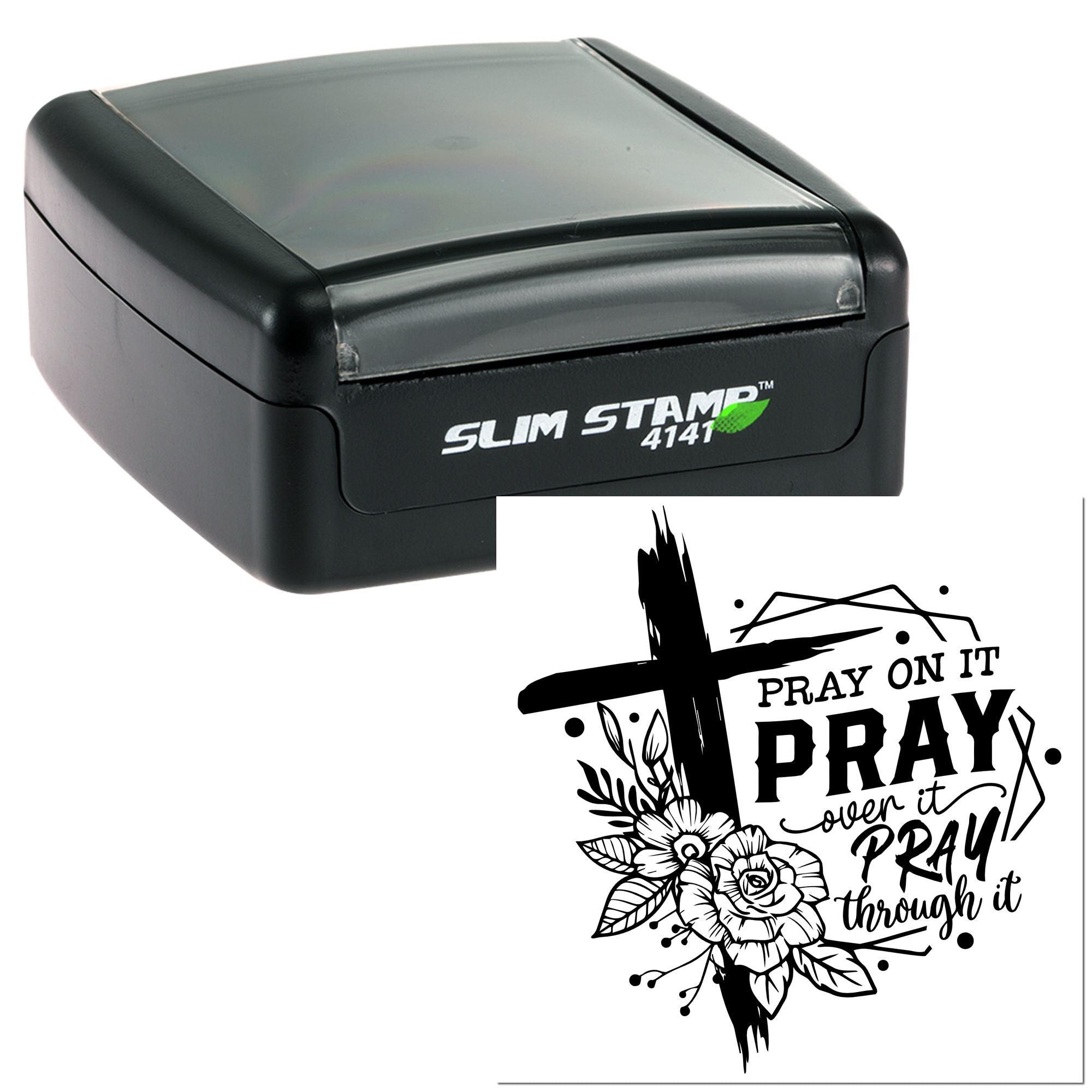 Self-inking rubber stamp with Christian cross design and Pray over it, pray through it inspirational imprint.