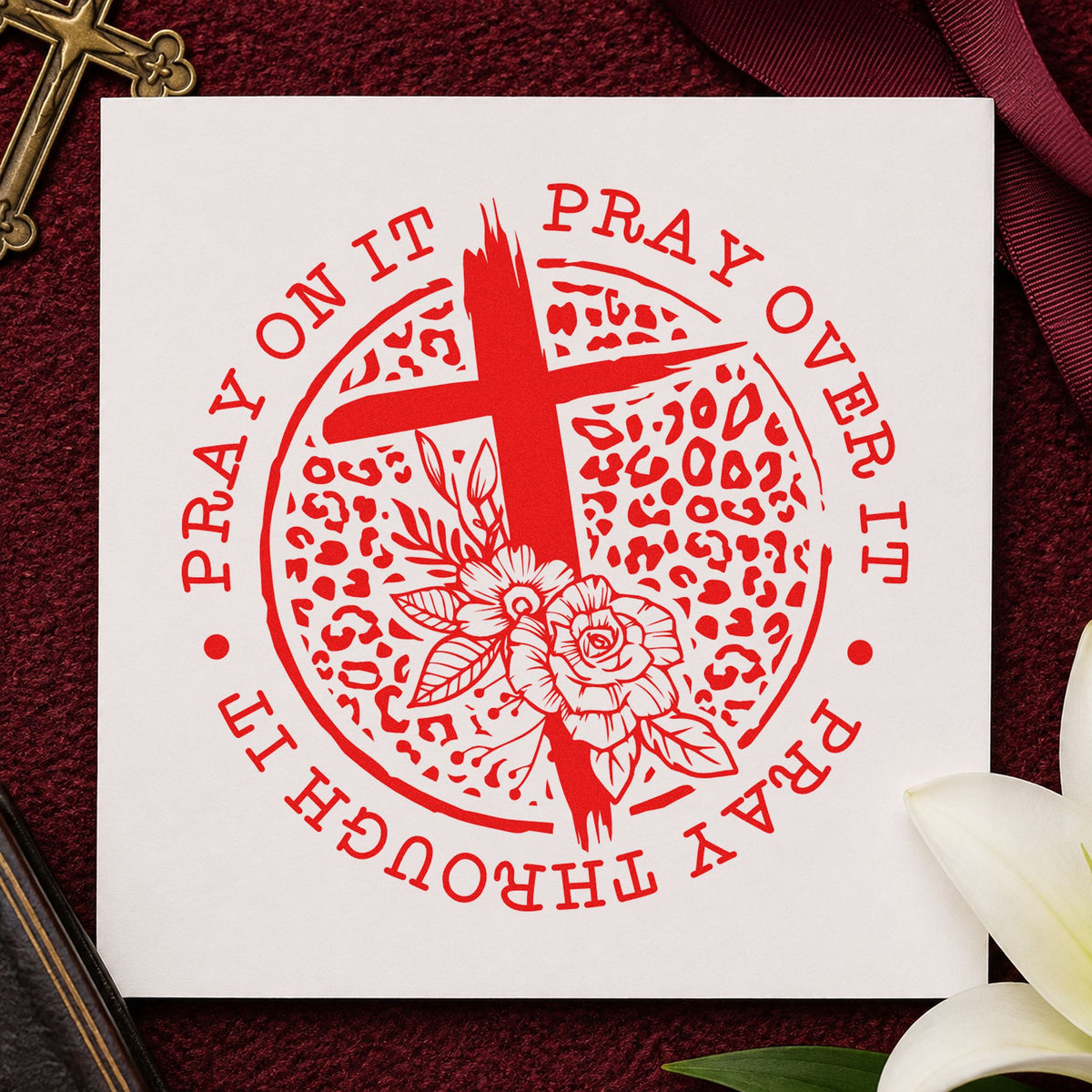 Pray Leopard Floral Circle With Cross Pre-Inked Stamp – Slim in use 7