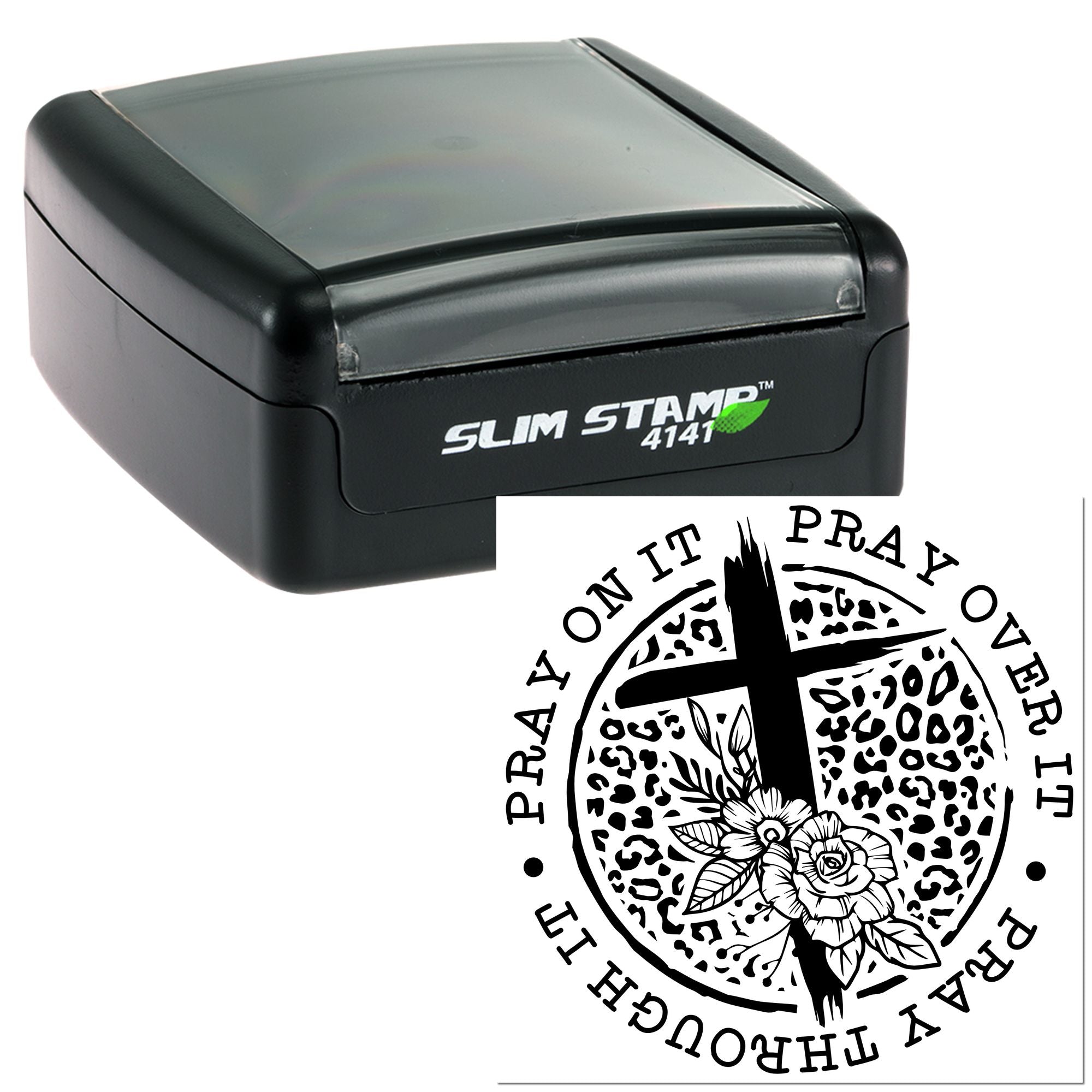 Self-inking rubber stamp with custom Christian cross design and inspirational Pray It Through imprint.