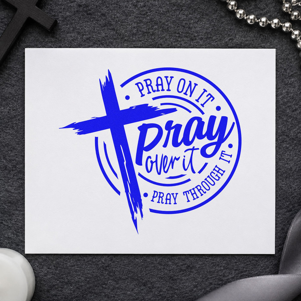 Pray over It Badge craft stamp imprinted in blue ink on paper, a design suited to soup jar lid labels.