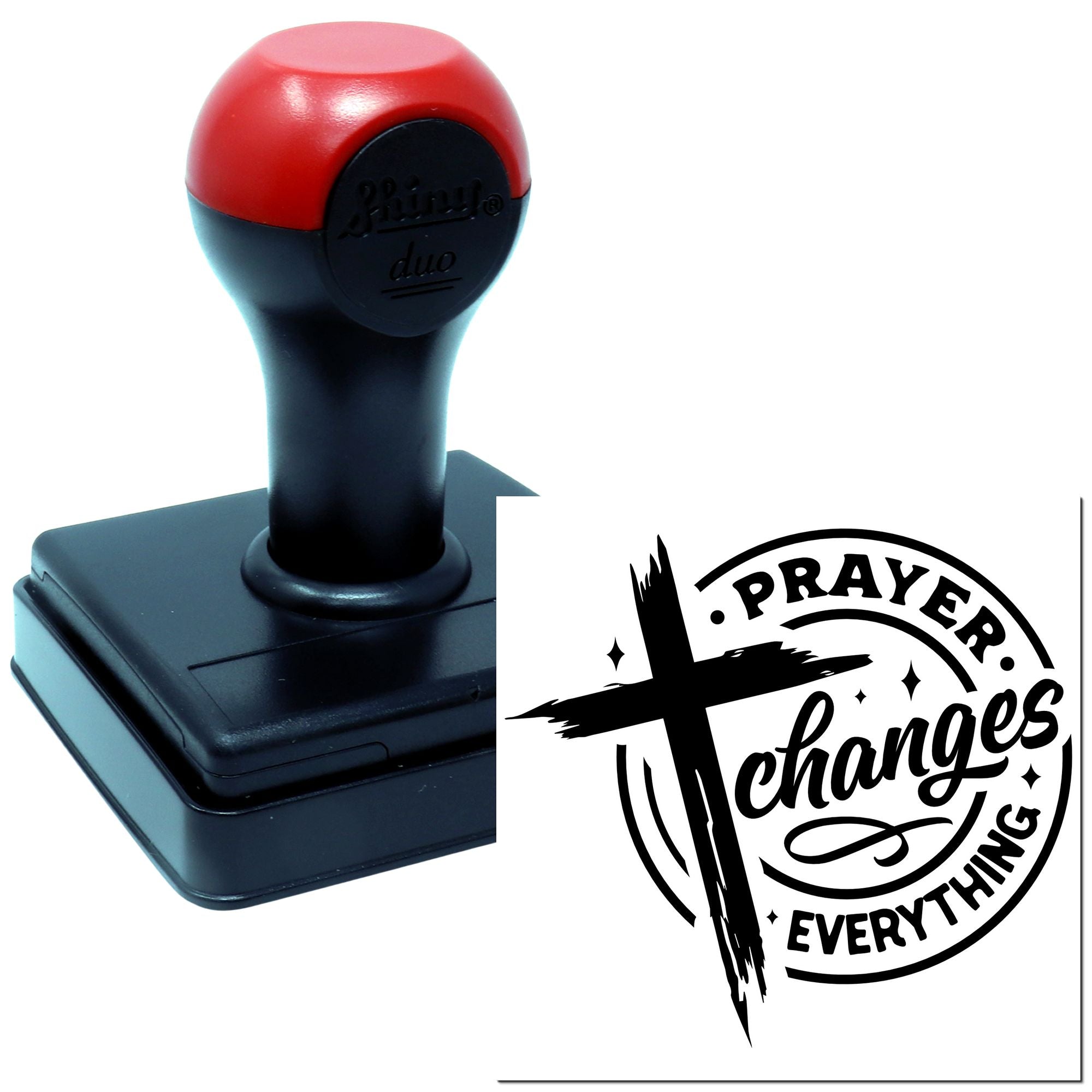 Self-inking rubber stamp with Prayer Changes Everything design, shown with stamped impression for church crafts.