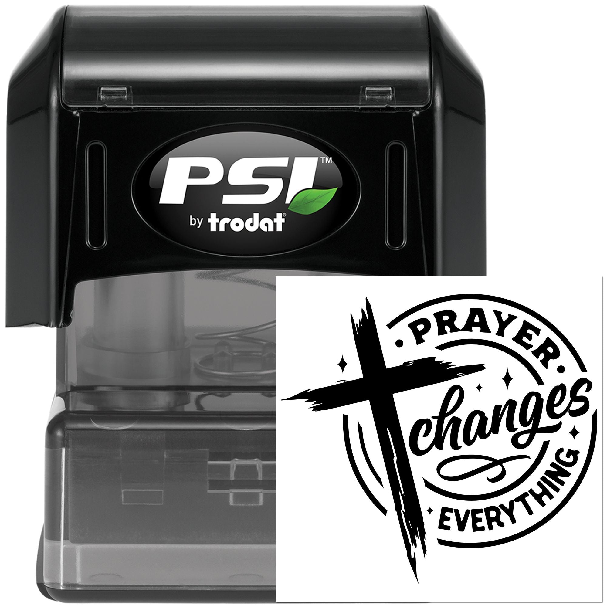Custom self-inking rubber stamp by PSI Trodat with Prayer Changes Everything Christian cross design.