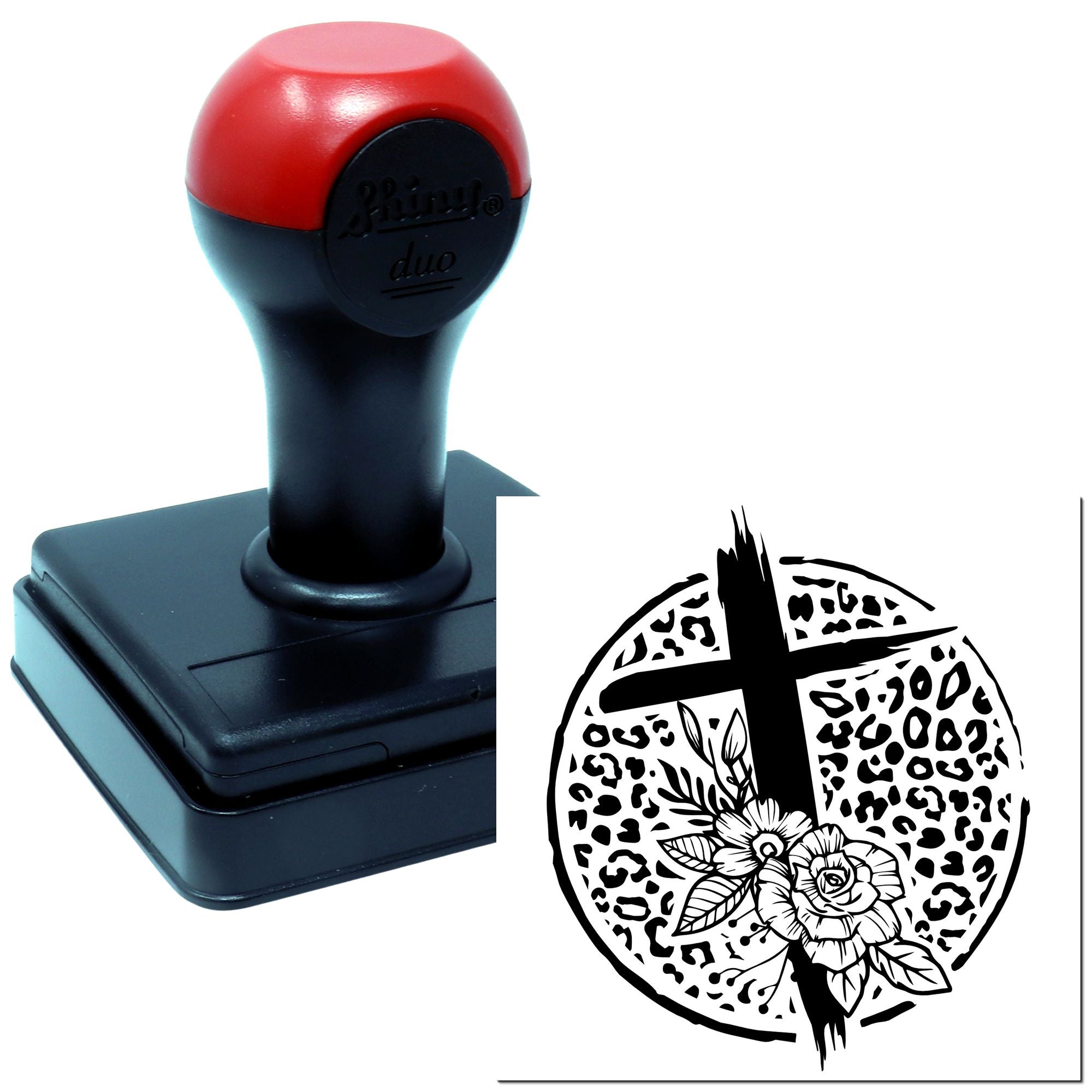 Self-inking rubber stamp with custom floral cross and leopard-print circular design for crafting and religious projects