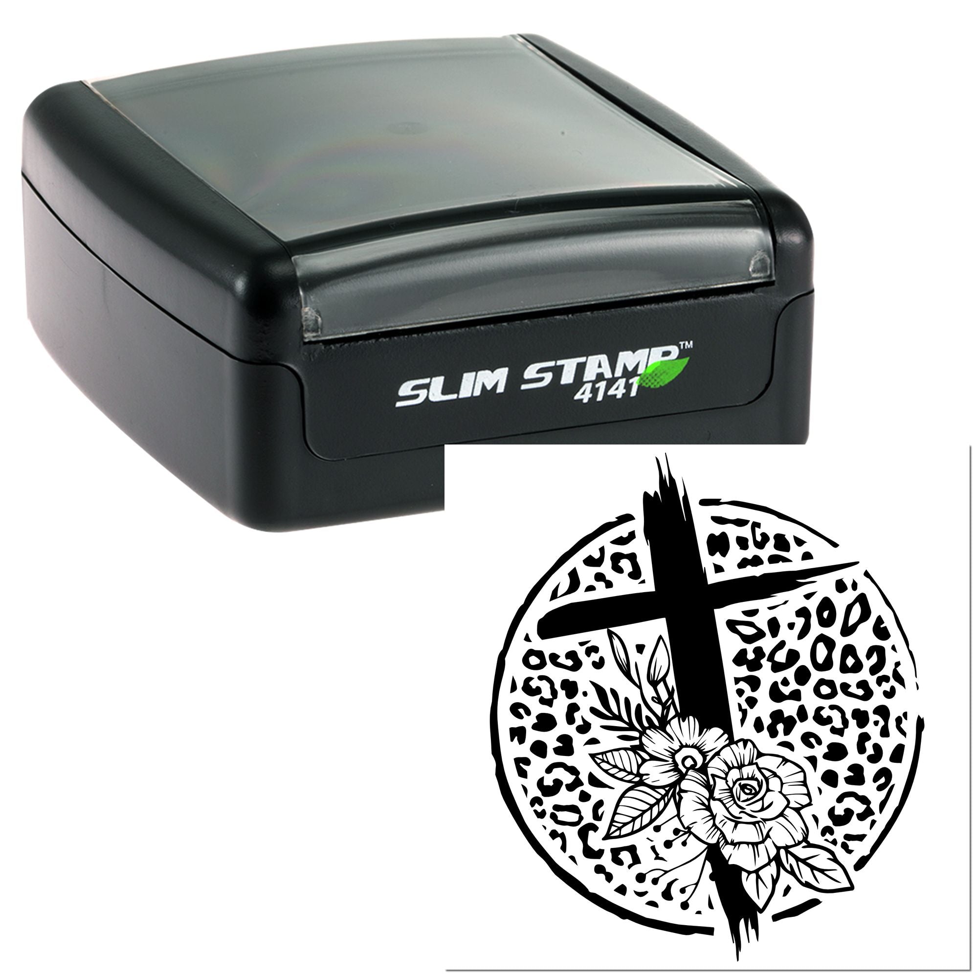 Slim Stamp 4141 self-inking rubber stamp with floral cross and leopard print circle imprint.