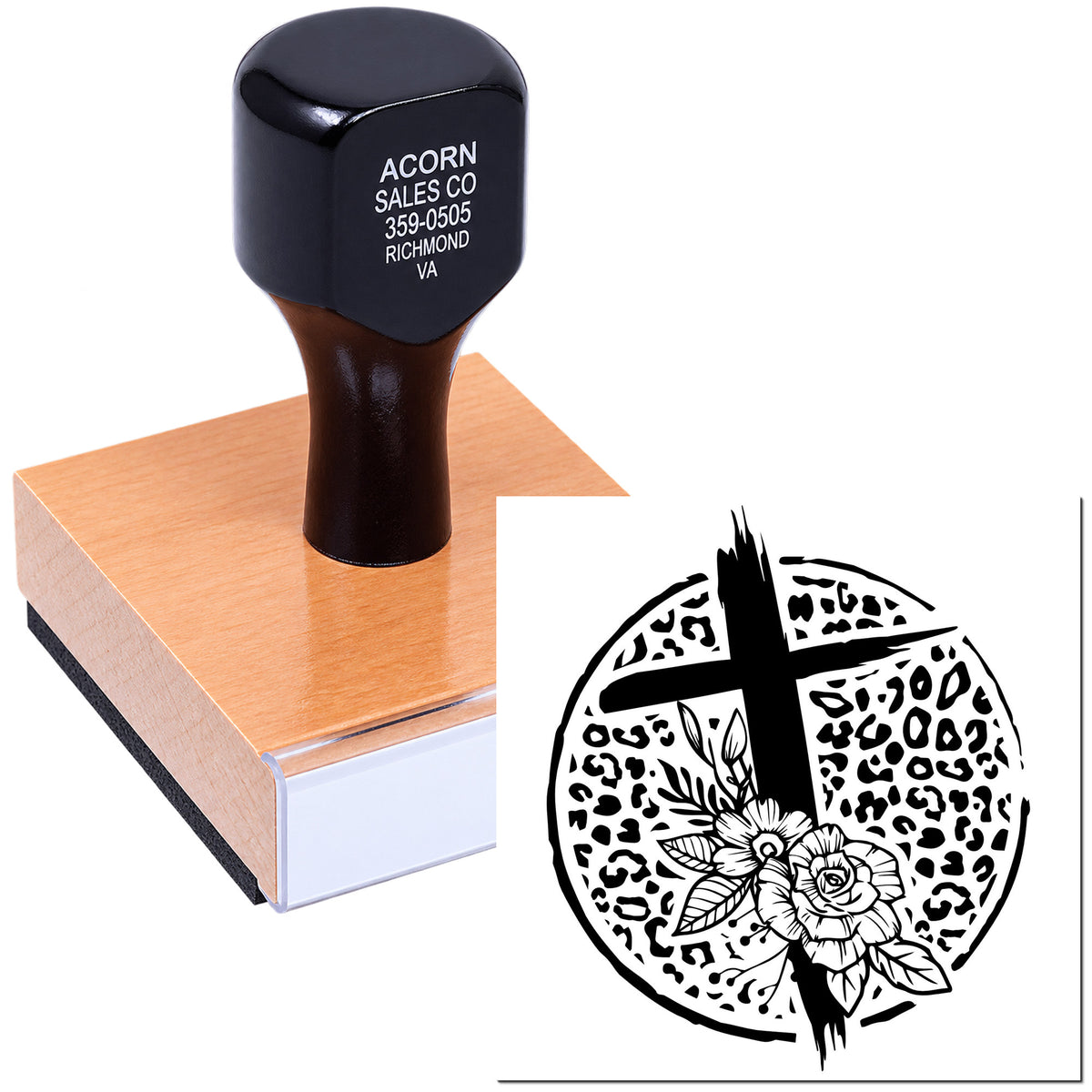 Custom rubber stamp with logo imprint and decorative floral cross design for branding, crafts, and personalized marking.