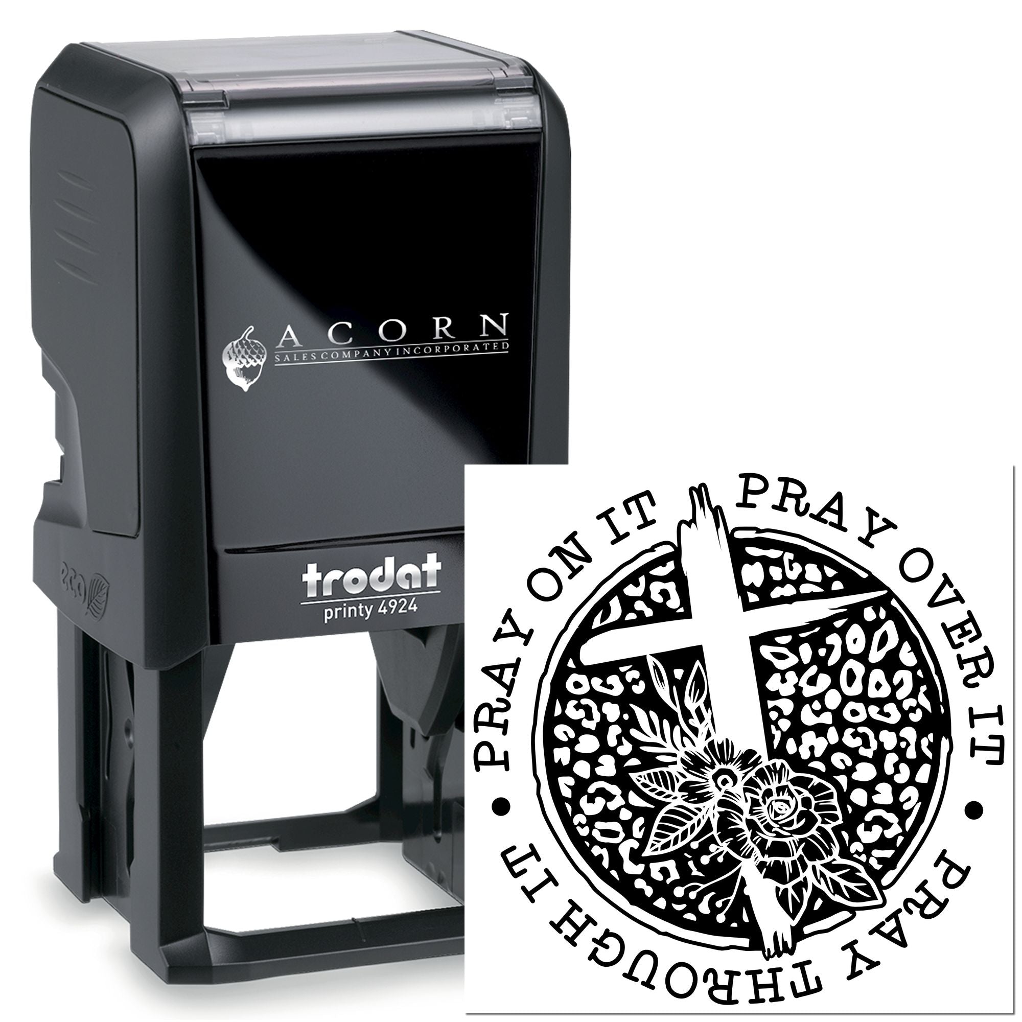 Custom self-inking rubber stamp with circular prayer artwork, ideal for personalized logo and ministry stamping.