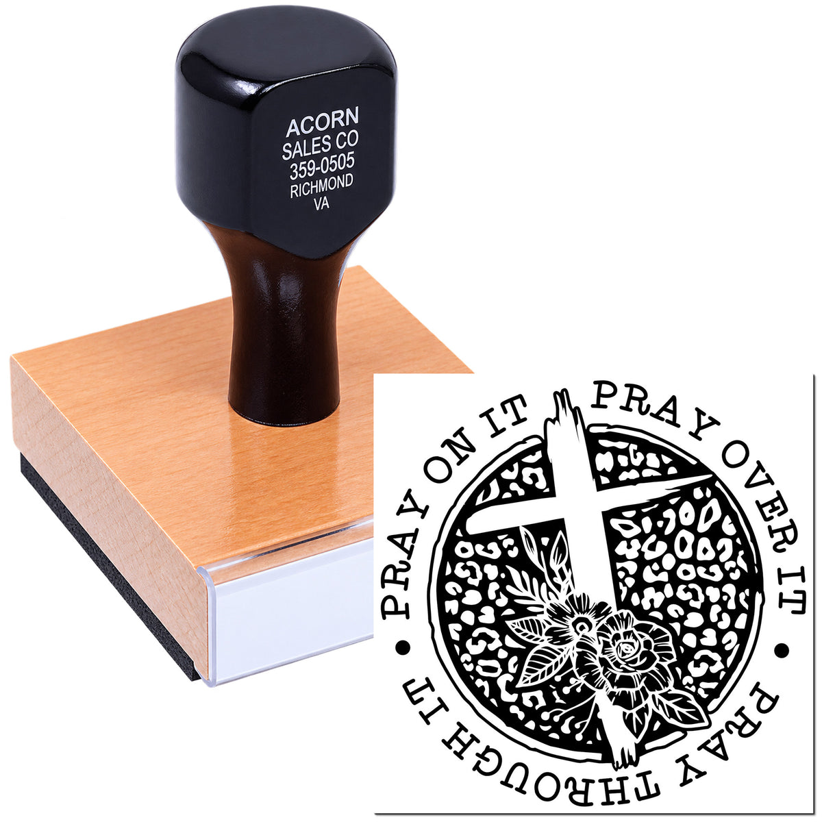 Custom religious rubber stamp with cross and floral design reading Pray on it, pray over it, pray through it