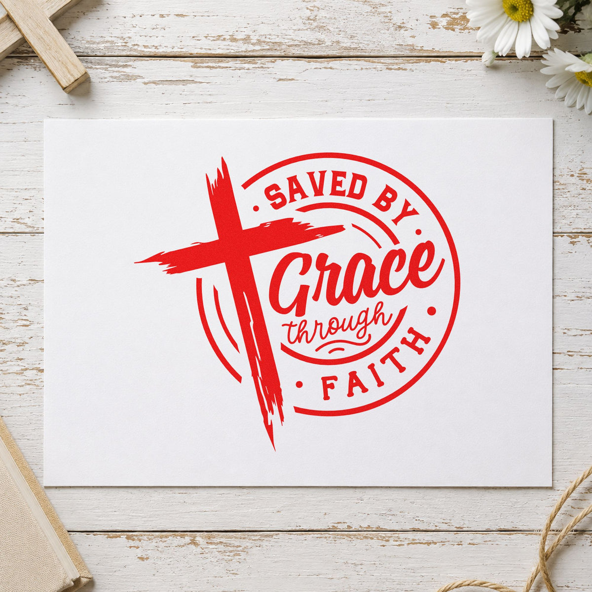 Saved by Grace Through Faith rubber stamp shown in red ink, stamped for projects such as recovery chip notes.
