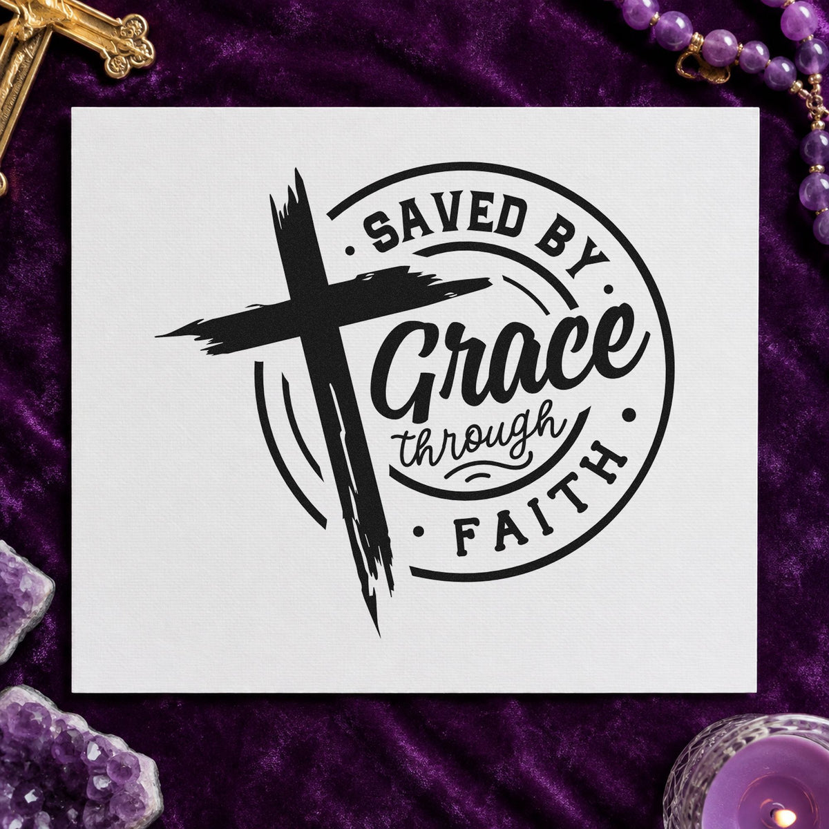 Saved by Grace Through Faith rubber stamp printed in black ink, ready for saved by grace cards and similar paper crafts.