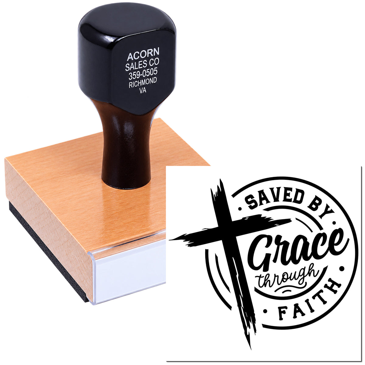 Christian rubber stamp with Saved by Grace through Faith design for Bible journaling, church crafts, and gift packaging.