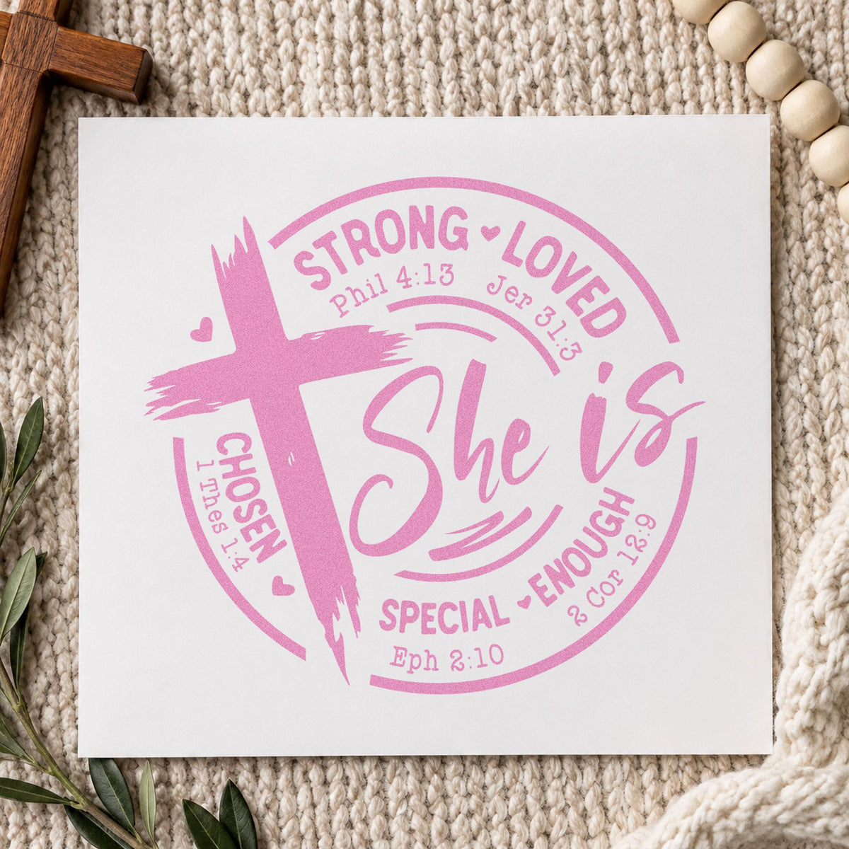 She Is Strong Loved Chosen craft stamp in purple ink on cardstock, an easy option for women's retreat tags.