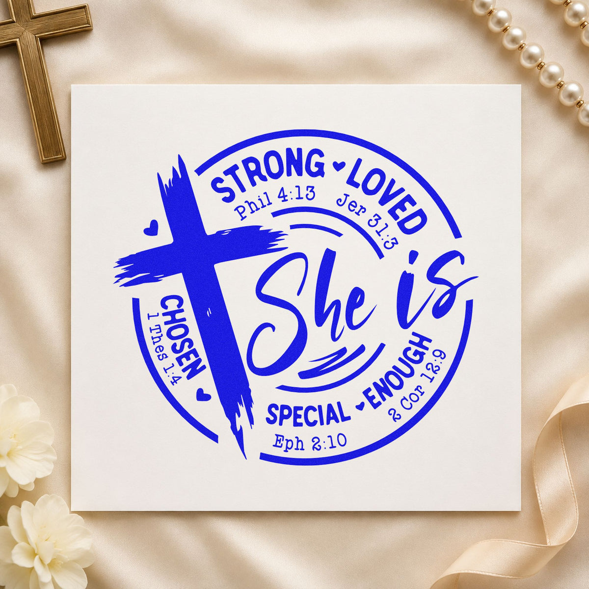 She Is Strong Loved Chosen Brushstroke Cross Rubber Stamp – Duo Hand in use 5