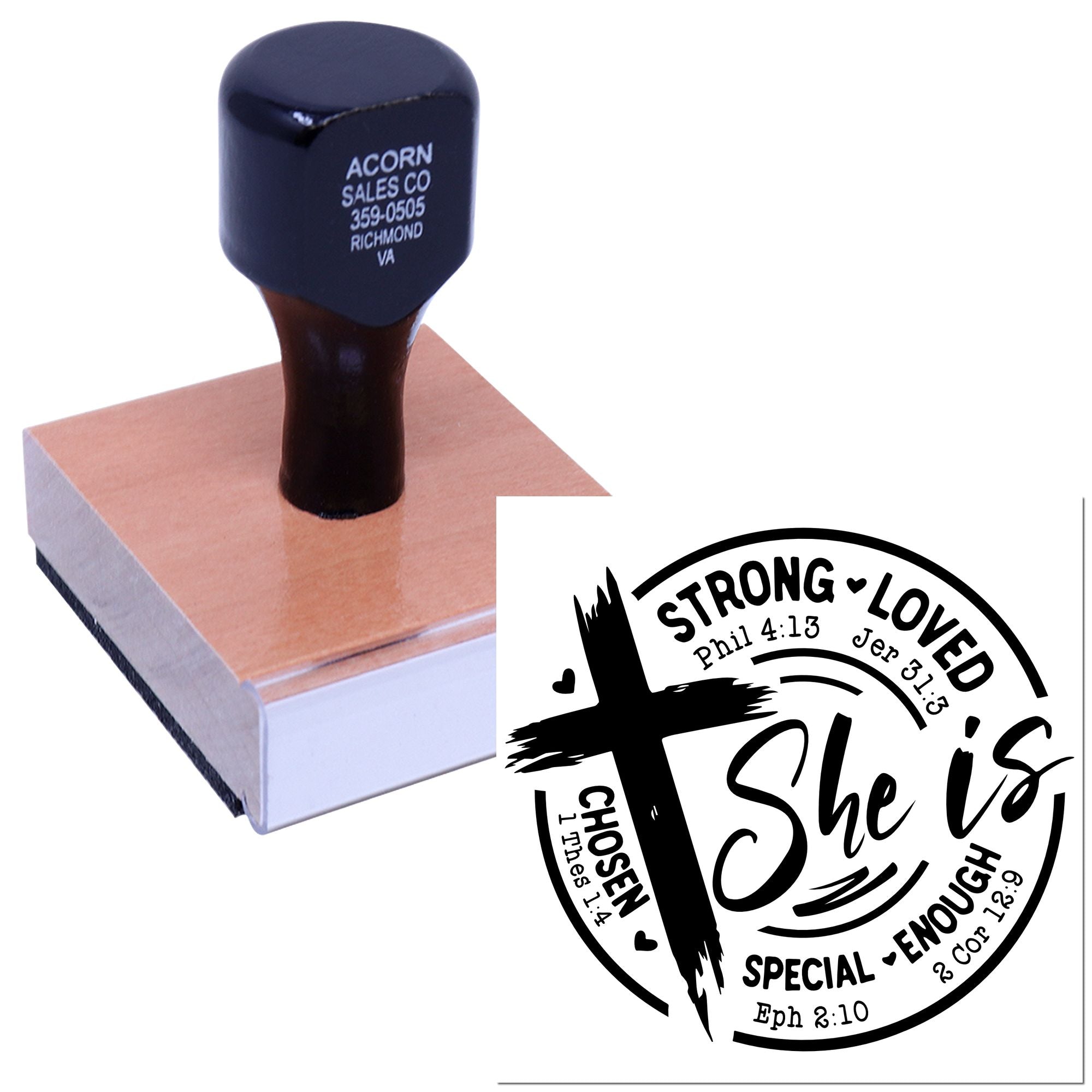 Custom Christian rubber stamp featuring She is strong, loved Bible verse design for faith-based cards and scrapbooking.