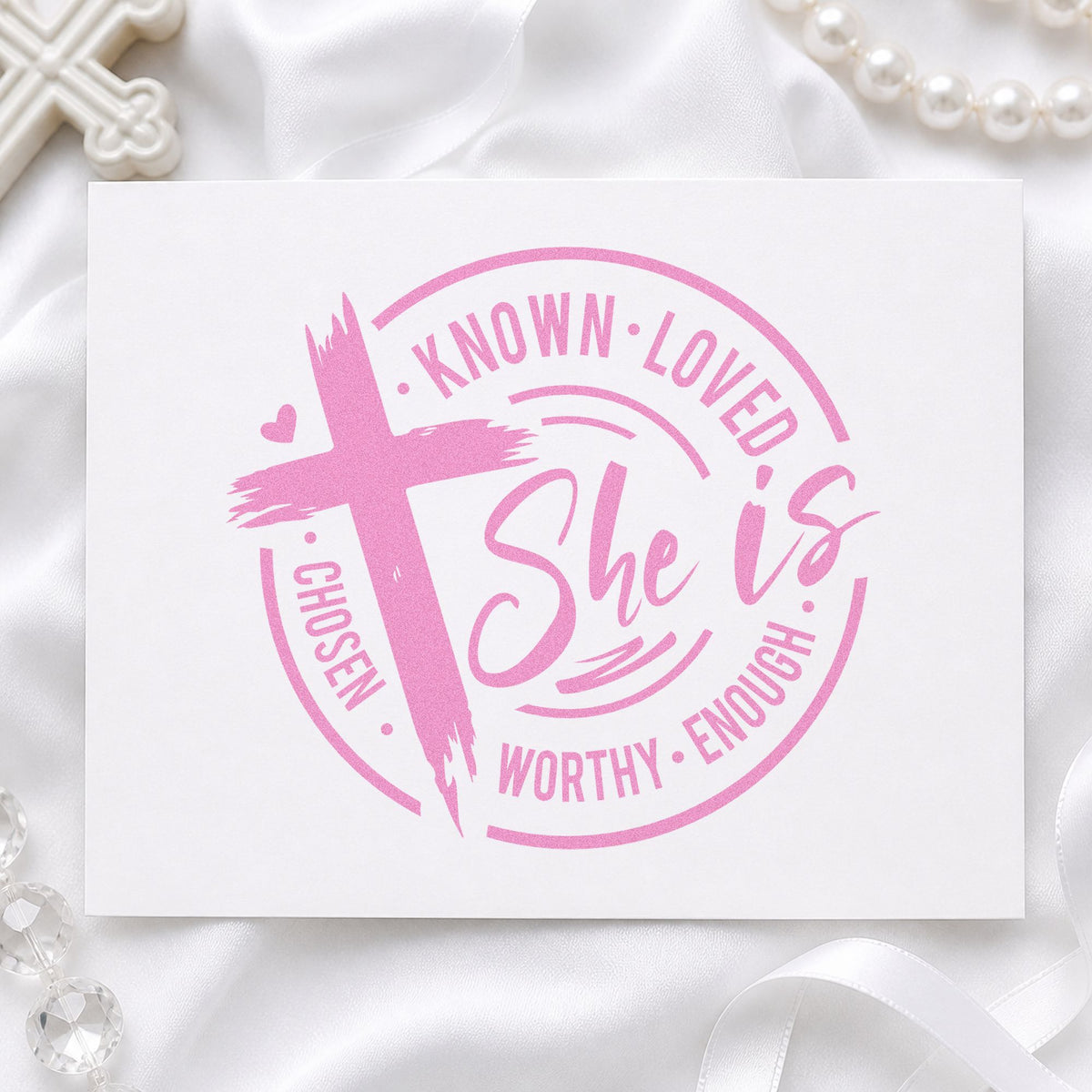 She Is Known Loved Worthy craft stamp in purple ink on cardstock, an easy option for adoption day tags.