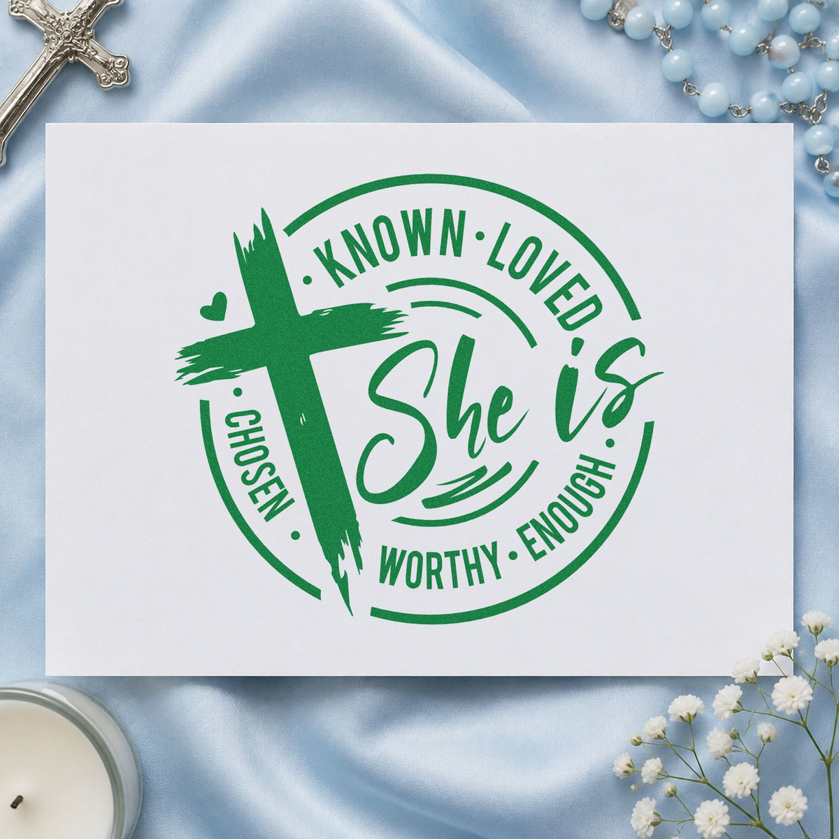 She Is Known Loved Worthy craft stamp imprint in green ink on a handmade project, one idea being journal cover pages.
