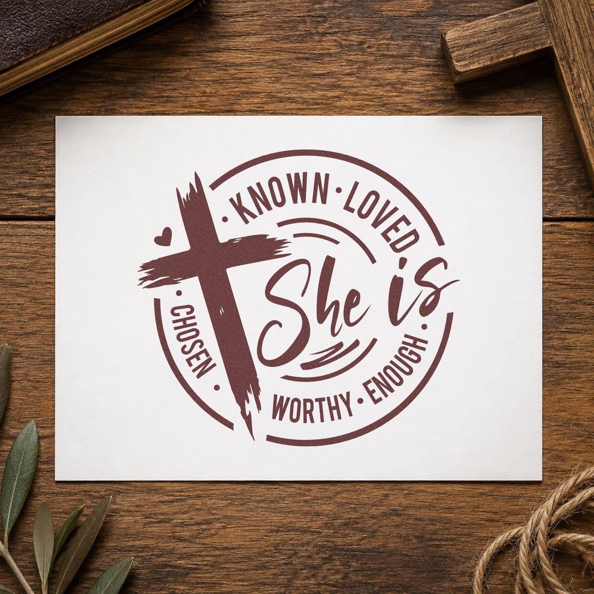 She Is Known Loved Worthy rubber stamp printed in brown ink, ready for charm bracelet cards and similar paper crafts.