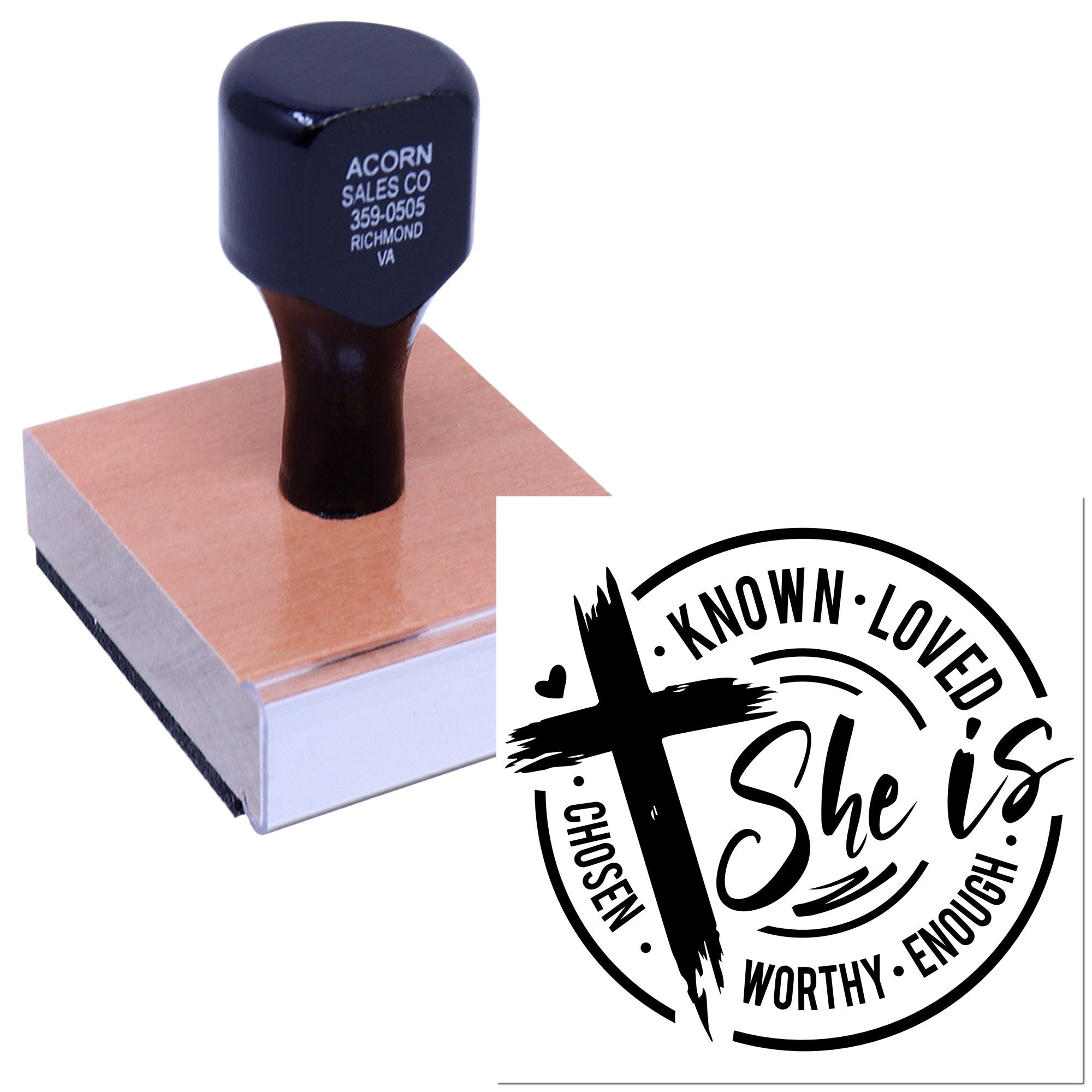 Custom rubber stamp with inspirational Known, Loved, Chosen, Worthy, Enough design for cards, crafts, and packaging.