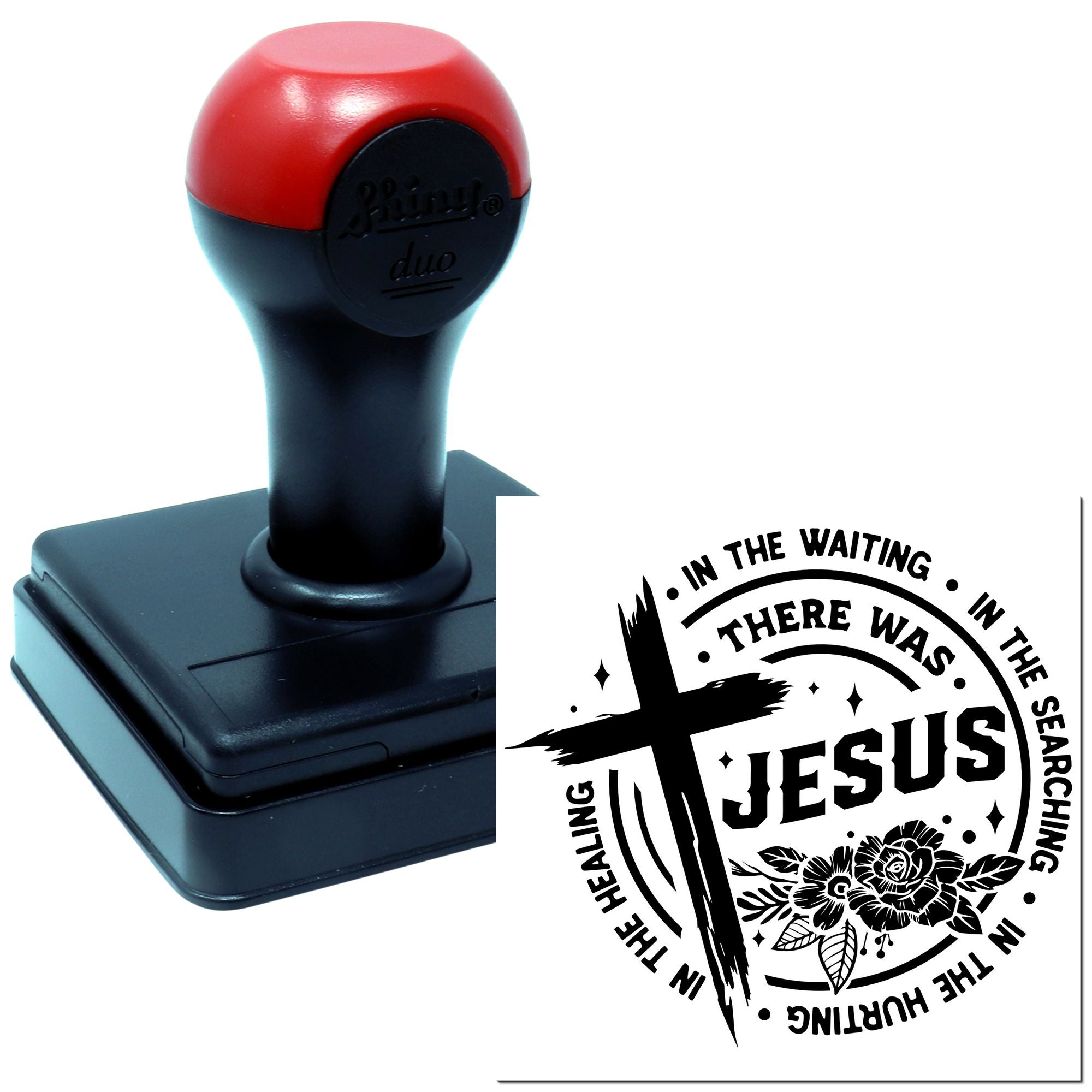 Self-inking rubber stamp with In the Waiting There Was Jesus faith design for Christian crafts, cards, and journaling.