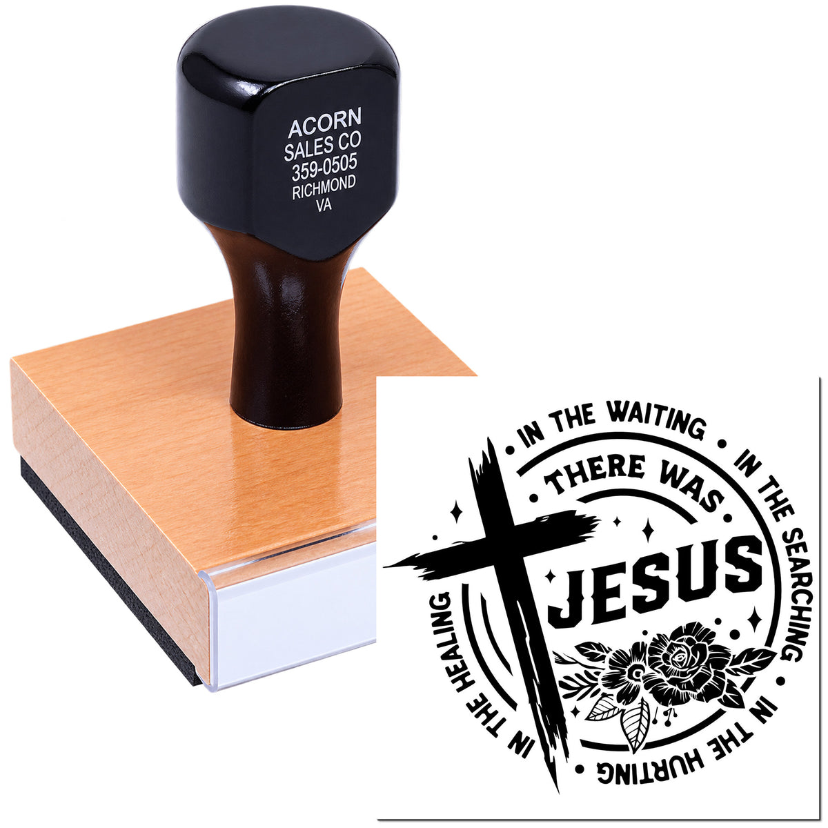 Personalized religious rubber stamp with Jesus cross design for faith-based crafts, church projects, and inspirational branding.