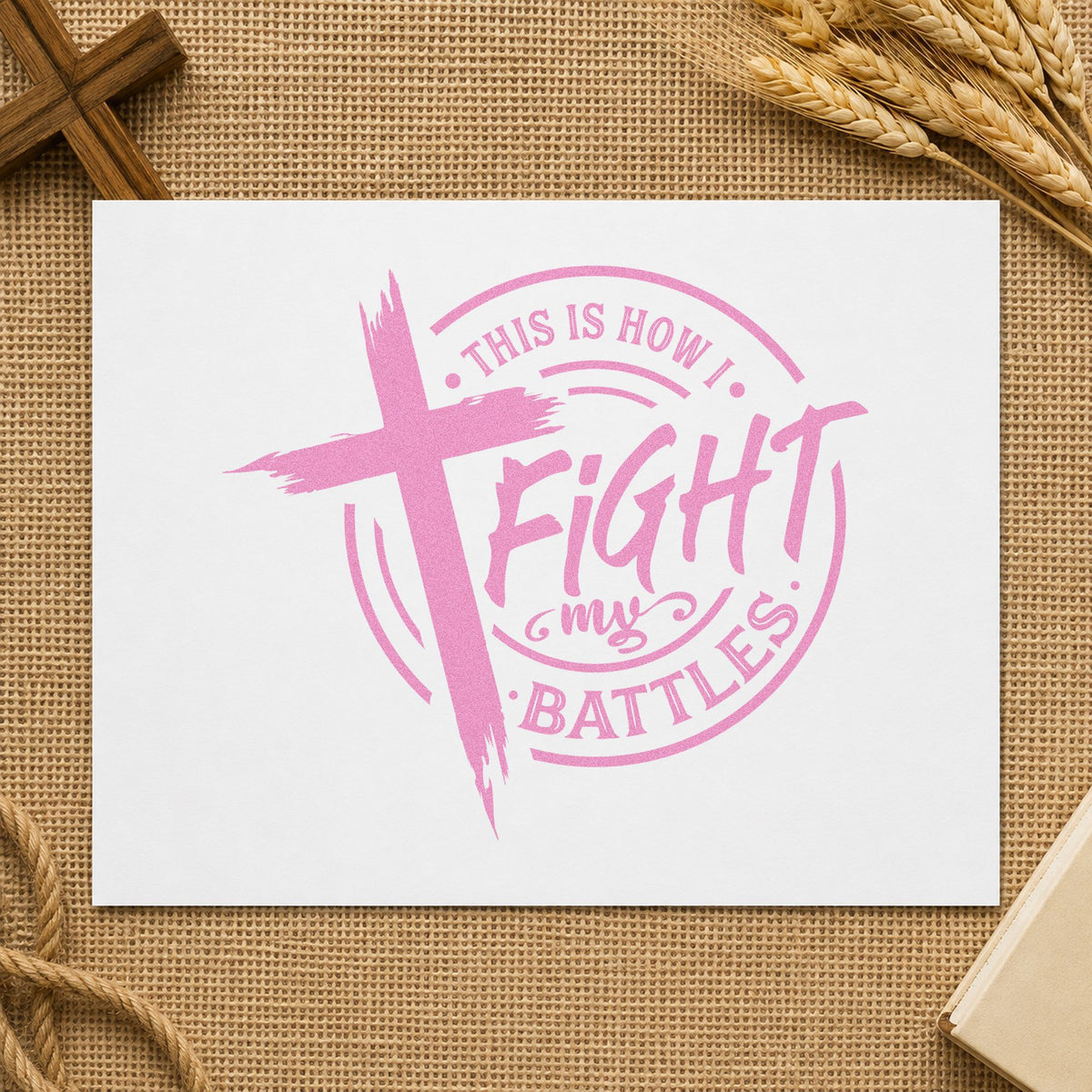 Fight My Battles Badge craft stamp in purple ink on cardstock, an easy option for worship night tags.