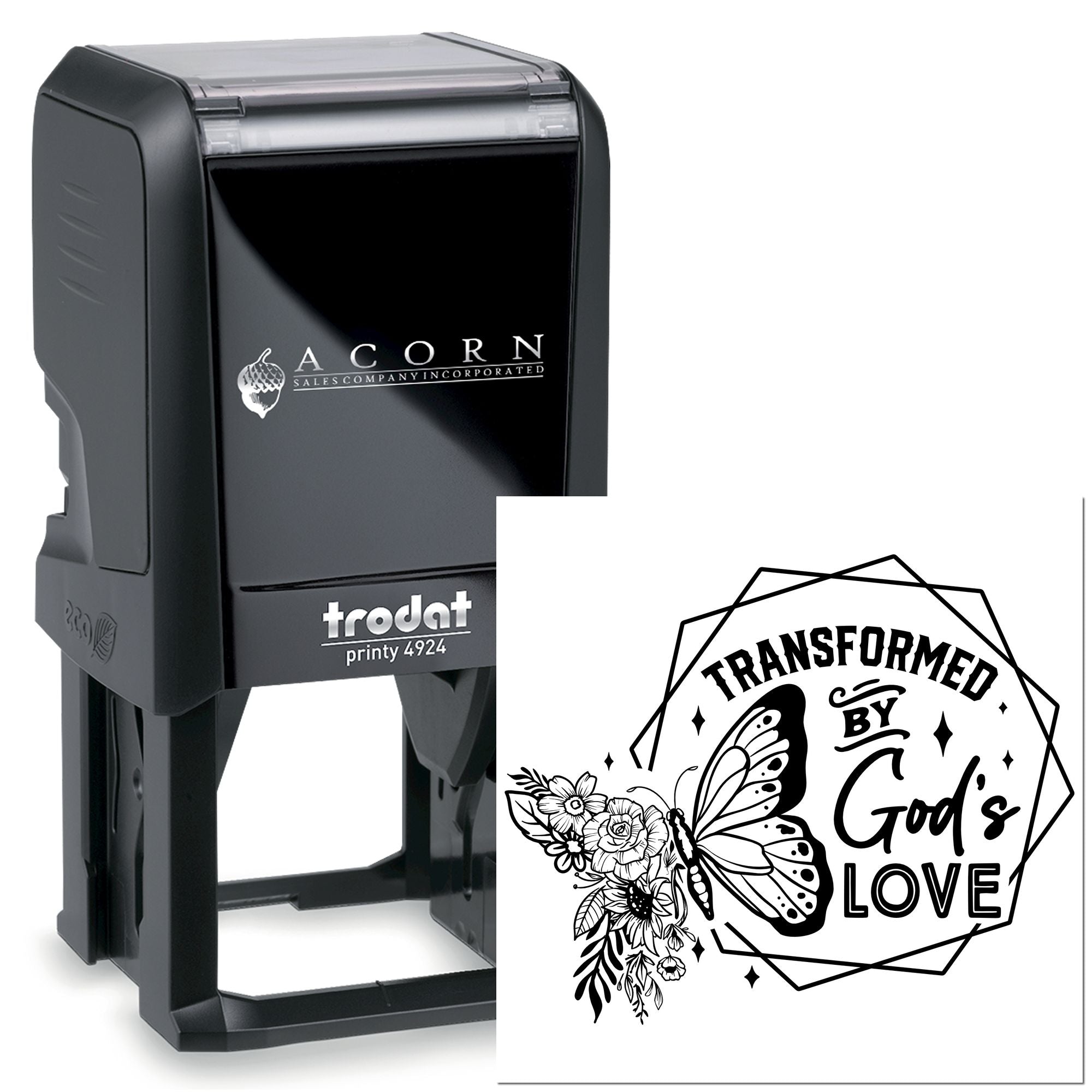 Custom self-inking rubber stamp with butterfly floral artwork and Transformed by Gods Love imprint, Trodat Printy 4924.