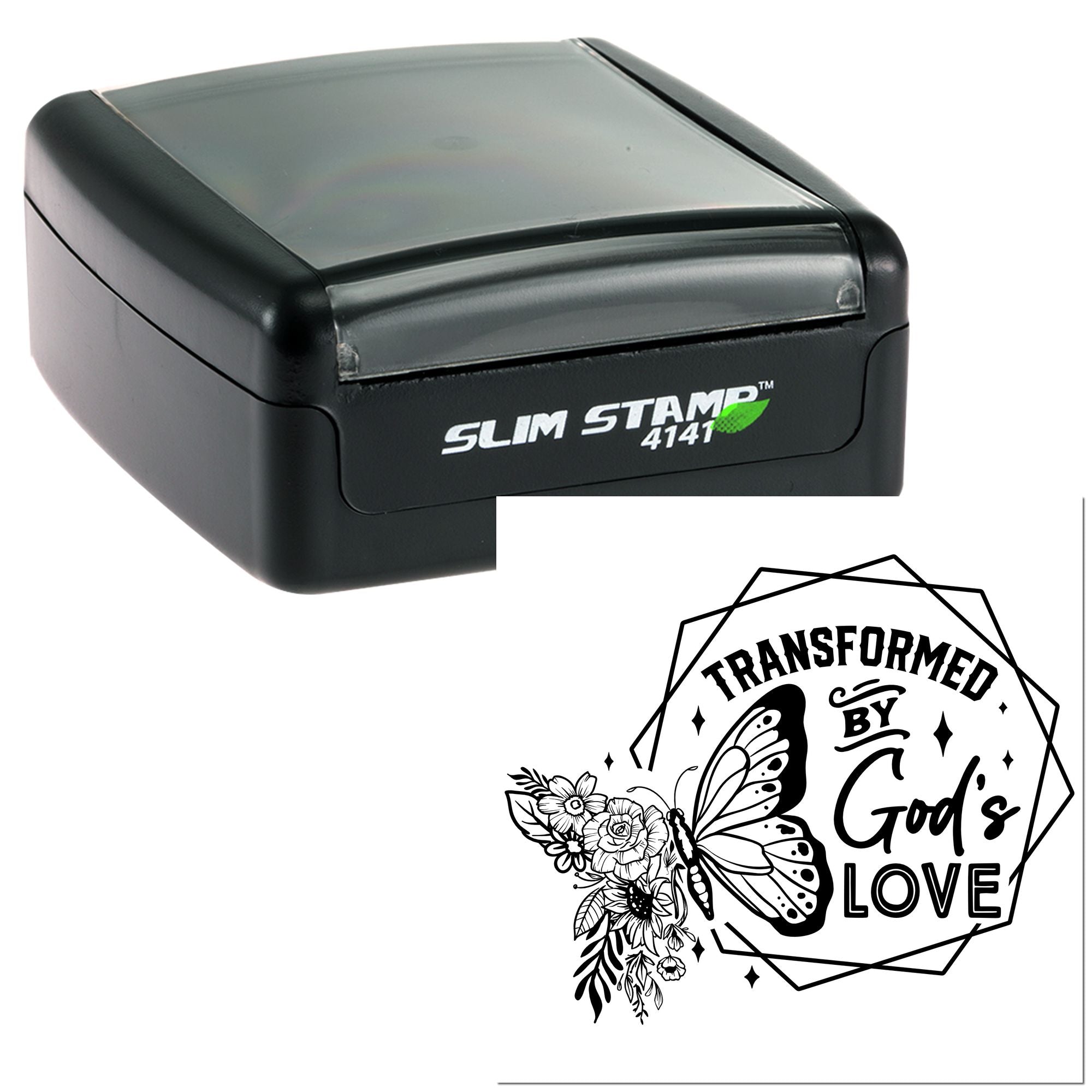 Self-inking Slim Stamp 4141 rubber stamp with butterfly floral Transformed by Gods Love design for faith-based crafts.